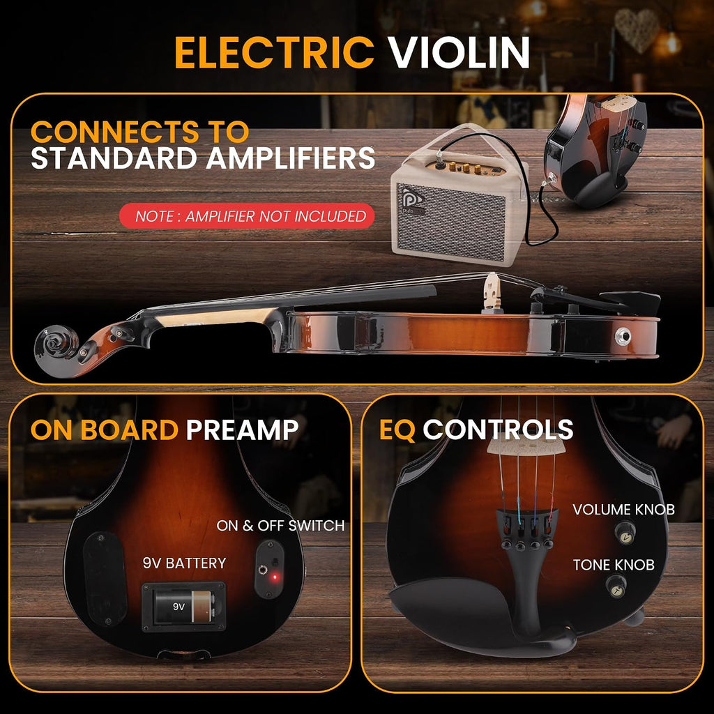 Pyle Full Size Electric Violin Kit - 4/4 Solid Wood Silent Fiddle with Hard Case, Bow, Ebony Fittings, and Digital Tuner