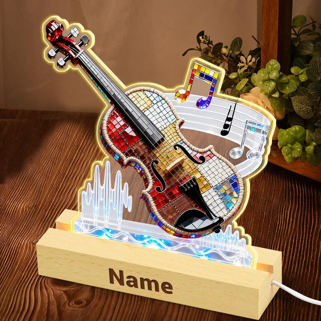 Personalized Name Violin Crystal Desktop Ornaments for Club Bedroom Office Custom Music Theme Stained Glass Acrylic Tabletop Plaque 2D Flat Electric Cello Figurine Sculpture for Violinist Cellist