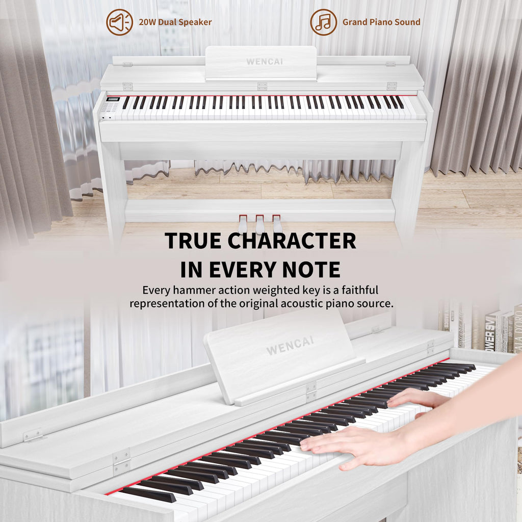 WENCAI 88 Key Fully Weighted Digital Piano Keyboard, White | Hammer Action Electric Pianos, Wooden Upright Electronic Piano for Beginner & Professional, Midi Compatible, Triple Pedal