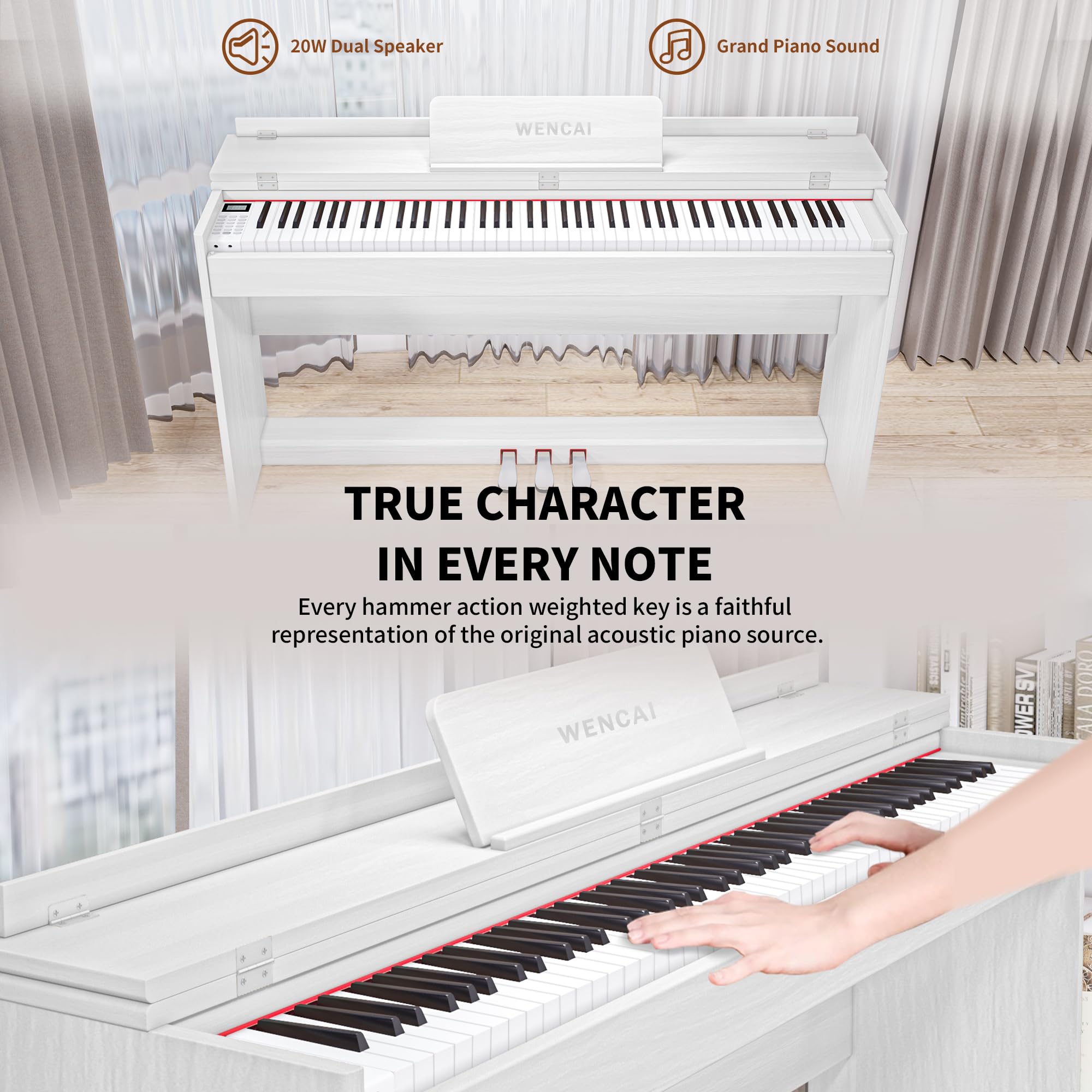WENCAI 88 Key Fully Weighted Digital Piano Keyboard, White | Hammer Action Electric Pianos, Wooden Upright Electronic Piano for Beginner & Professional, Midi Compatible, Triple Pedal