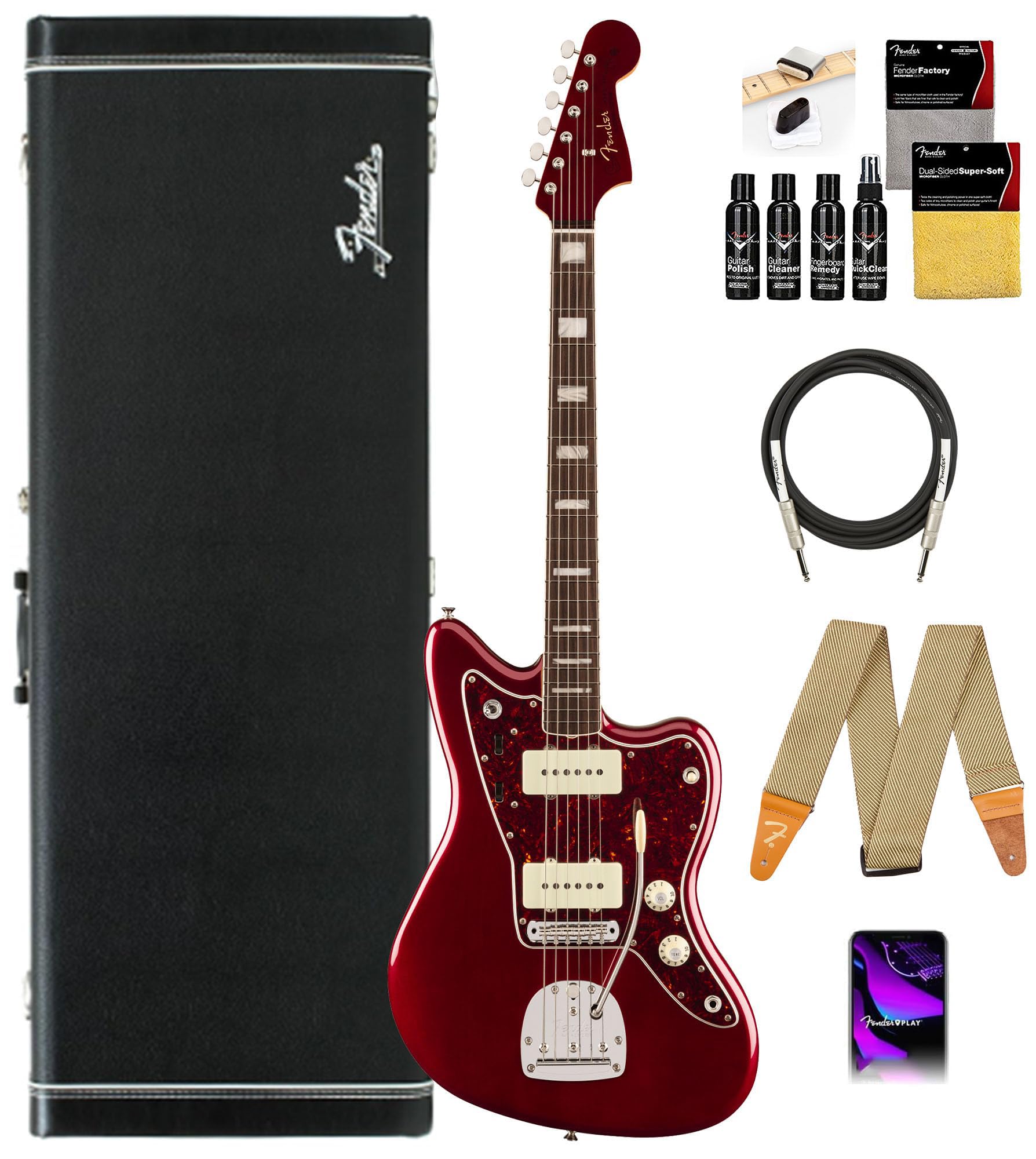 Fender Johnny Marr Jaguar - Olympic White Bundle with Tweed Case, Cable, Strap, and Guitar Cleaning Kit