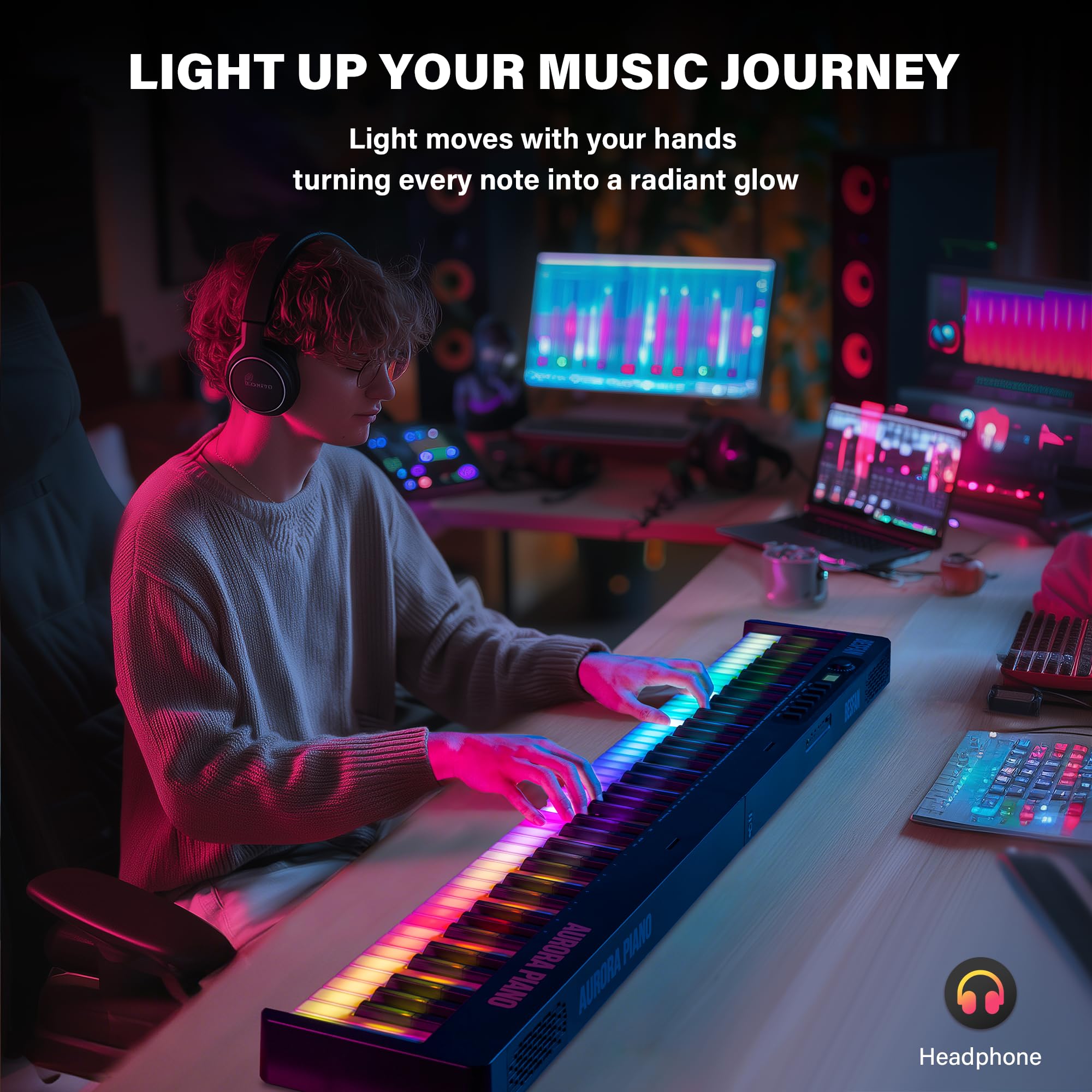 Foldable 88-Key Piano Keyboard with Colorful Lighted Keys, Semi-Weighted Full Size Keys, Portable Digital Piano with USB-MIDI, Built-in Speakers, Sustain Pedal, Battery for Beginners & Adults