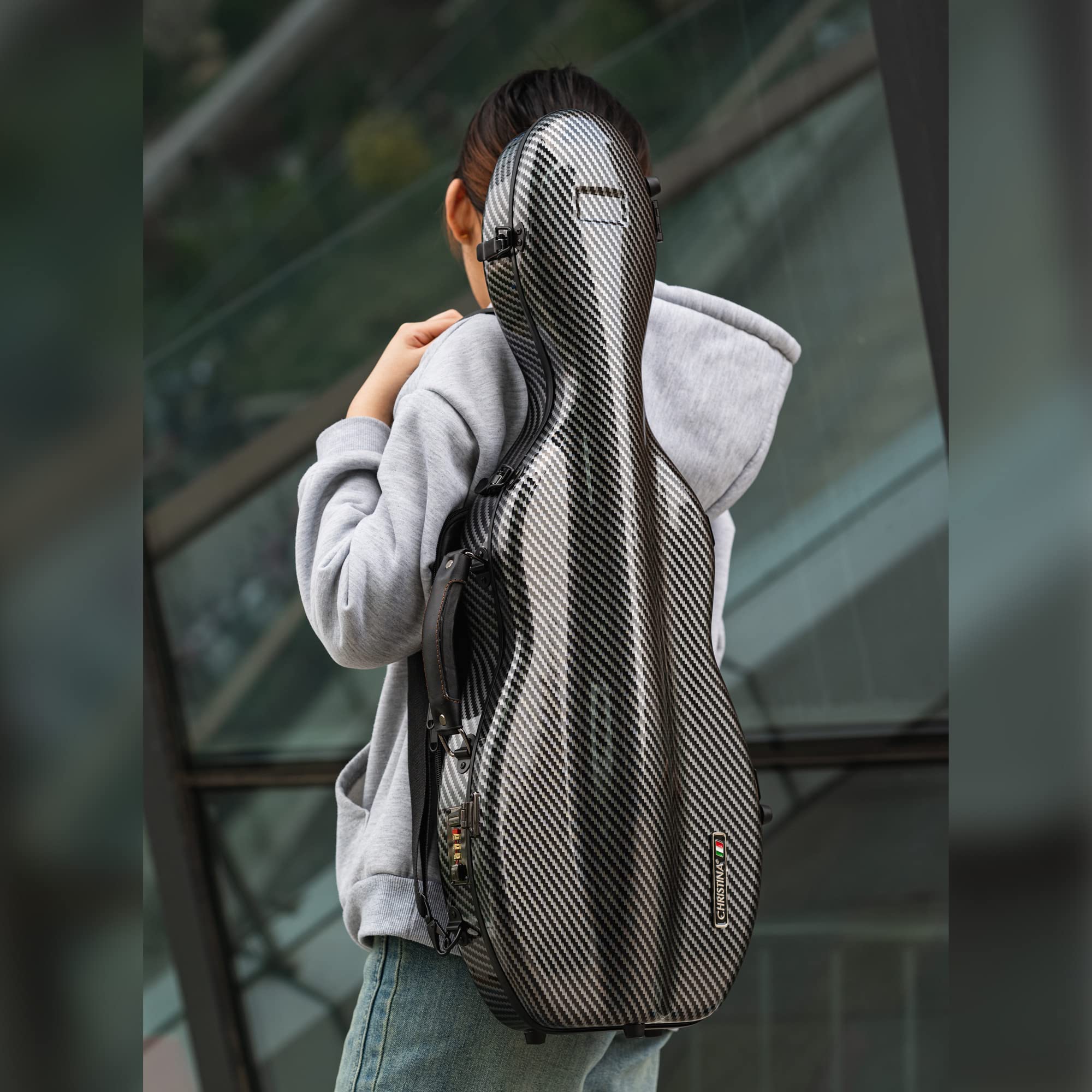 Christina violin case 4/4 Full Size Violin case High-Strength Carbon Fiber Pear-Shaped Violin Music Bag With Combination Lock and Extra Bag Gray Violin Hard Case (VB-Random type-SilveryGray spot)