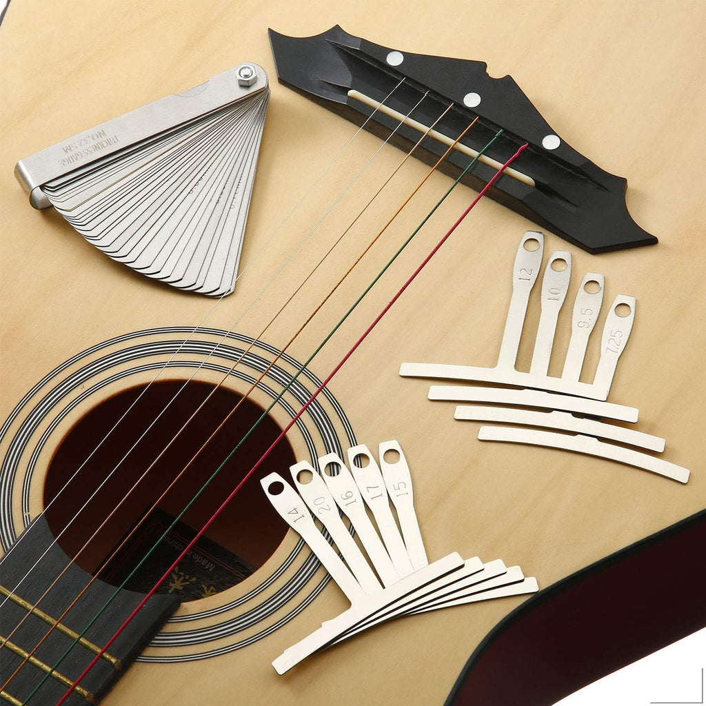Mudder 17 Pieces Guitar Luthier Tools Set Setup Kit Include Radius Gauge String Action Ruler 32 Blades Feeler Gauges Notched Radius Neck Notched Straight Edge Fret Rocker for Guitar Bass Setup