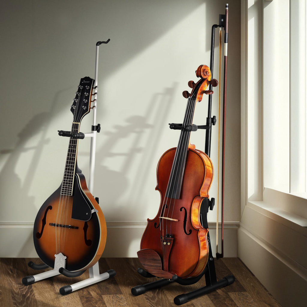 New Upgraded Anti-Tipping Design in Violin Stand with Bow Holder. Adjustable height, non-slip base, and protective head lock. Foldable and portable design for violins, violas, mandolins, and ukuleles.Gray Lockable