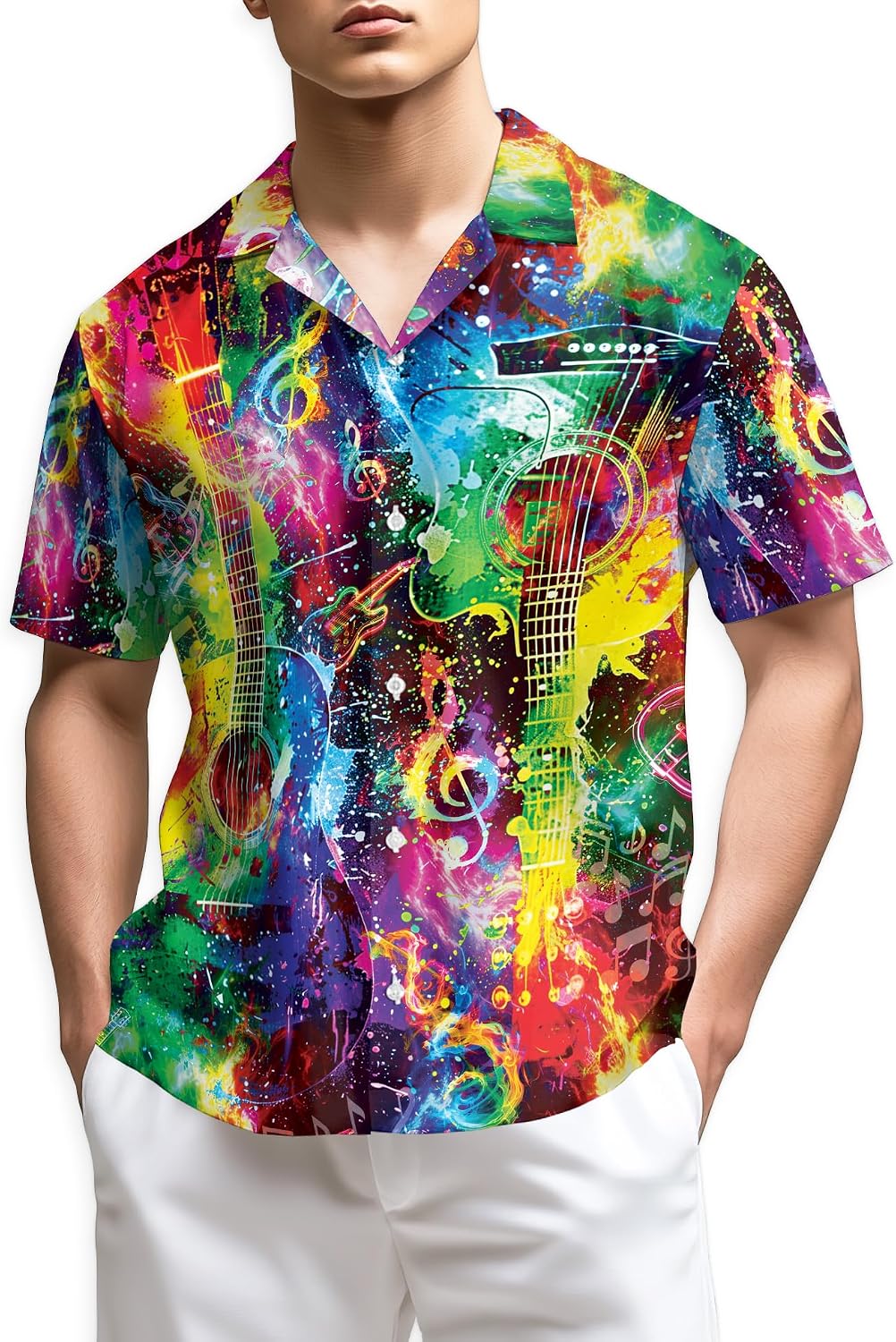 Trombone Pattern Hawaiian Shirt for Men, Summer Vacation Button Down Shirt, Aloha Beach Short Sleeve Shirt, S-5XL