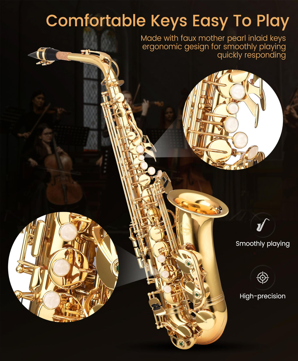 Leo Jaymz Eb Alto Saxophone - One-Piece Body & Neck Construction, H68 Brass, with Thickened Travel Bag - Complete Beginner to Professional Kit (Gold)