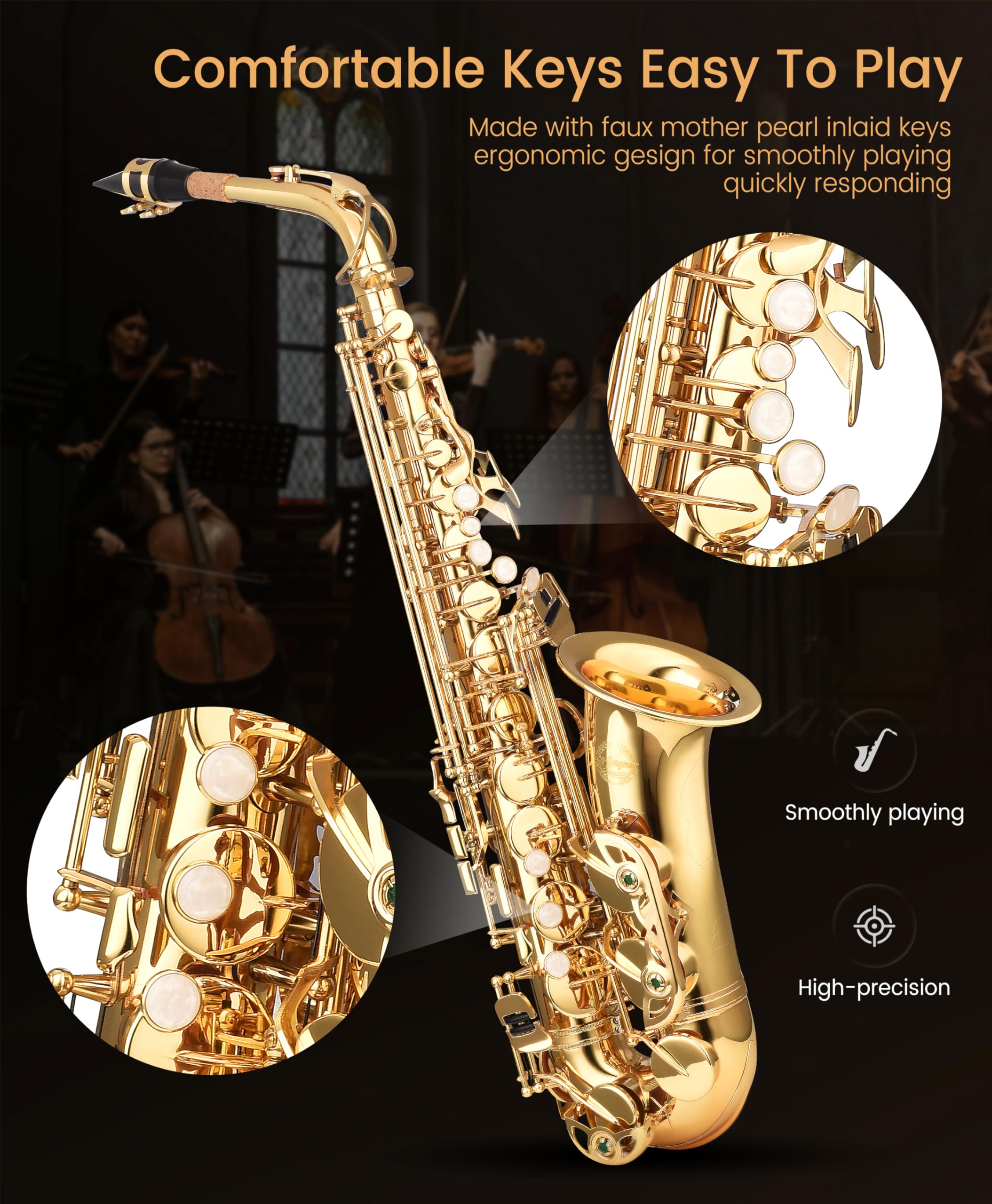 Leo Jaymz Eb Alto Saxophone - One-Piece Body & Neck Construction, H68 Brass, with Thickened Travel Bag - Complete Beginner to Professional Kit (Gold)