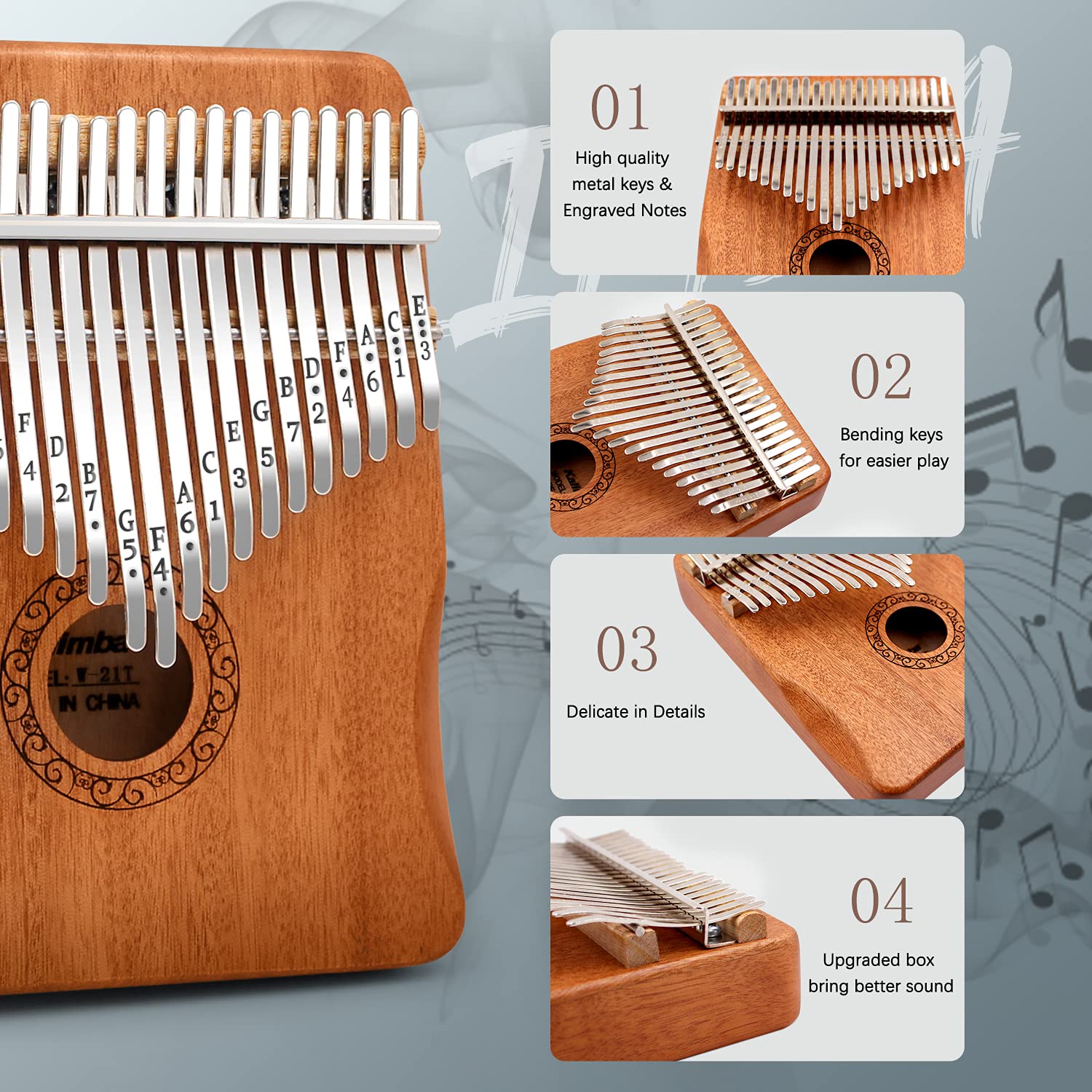 Kalimba Thumb Piano,YUNDIE Potable 17 Keys Mbira Finger Piano with Tune Hammer and Study Instruction,Musical Instruments Gift for Adult Beginners Professional (Brown, 21keys)