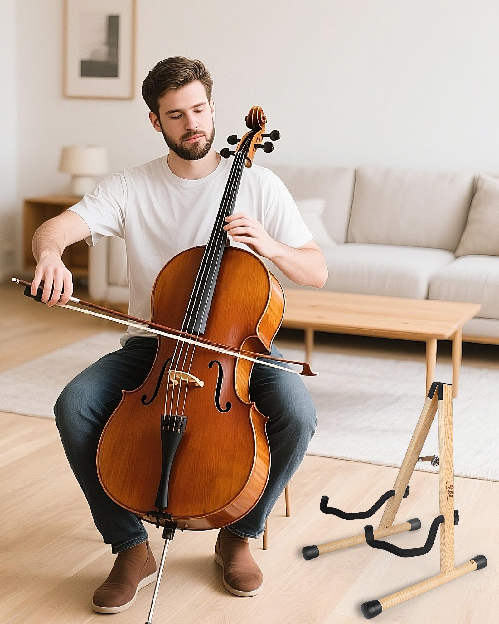 MUSO Cello Stand with Bow Holder,A-Frame Floor Stand with Padded Foam, Handcrafted Cello Rack Fits 1/2, 3/4, 7/8, 4/4 Full-Size and Guitar, Instrument Holder for Home and Studio Display