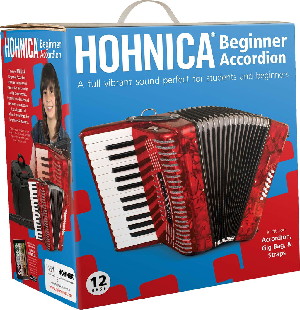 Hohner Hohnica 1305 72 Bass Piano Accordion - Pearl Red Bundle with Gig Bag, Straps, and Austin Bazaar Polishing Cloth