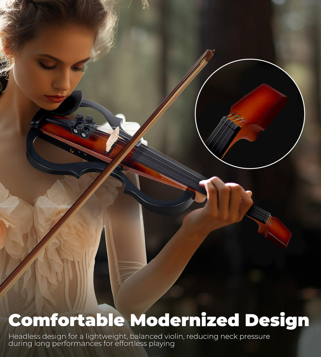 Vangoa Electric Violin 4/4 Full Size, Solid Wood Ebony Silent Violin with Professional Pickup & 3-Band EQ, Headless Lightweight Design, Beginner to Professional Electric Violin Kit, Brown