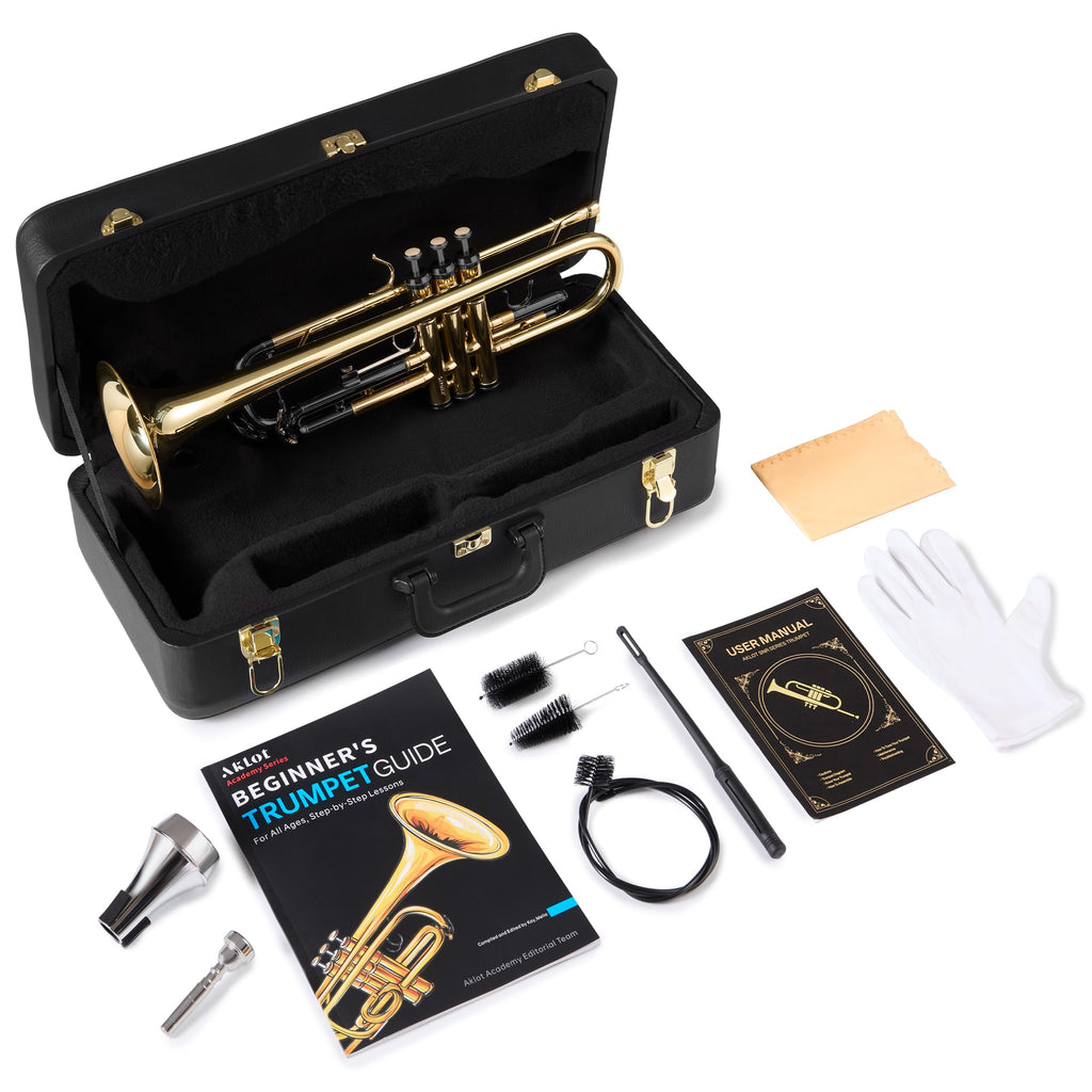 AKLOT Hand-Hammered Bell Bb Trumpet: Smooth Valve Action, Clear-Lacquered Brass Body, Standard Trumpet Beginner Set with Leather Case, Lesson Book, Trumpet Mute, Mouthpiece, Cleaning Kit (SNR-BrzSF)