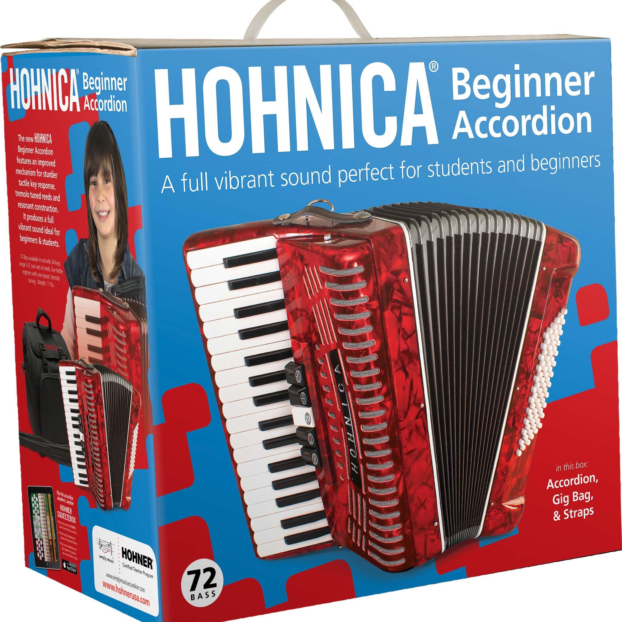 Hohner Hohnica 1305 72 Bass Piano Accordion - Pearl Red Bundle with Gig Bag, Straps, and Austin Bazaar Polishing Cloth