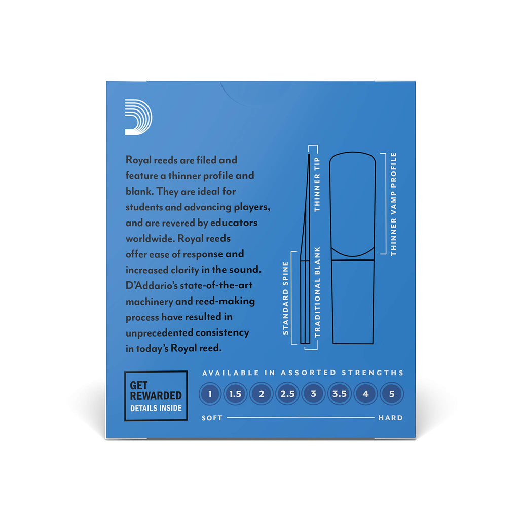 D'Addario Woodwinds Royal Saxophone Reeds - Alto Sax Reeds with Strong Spine - Alto Saxophone Reeds Great for Classical or Jazz - Strength 2.0, 25-pack