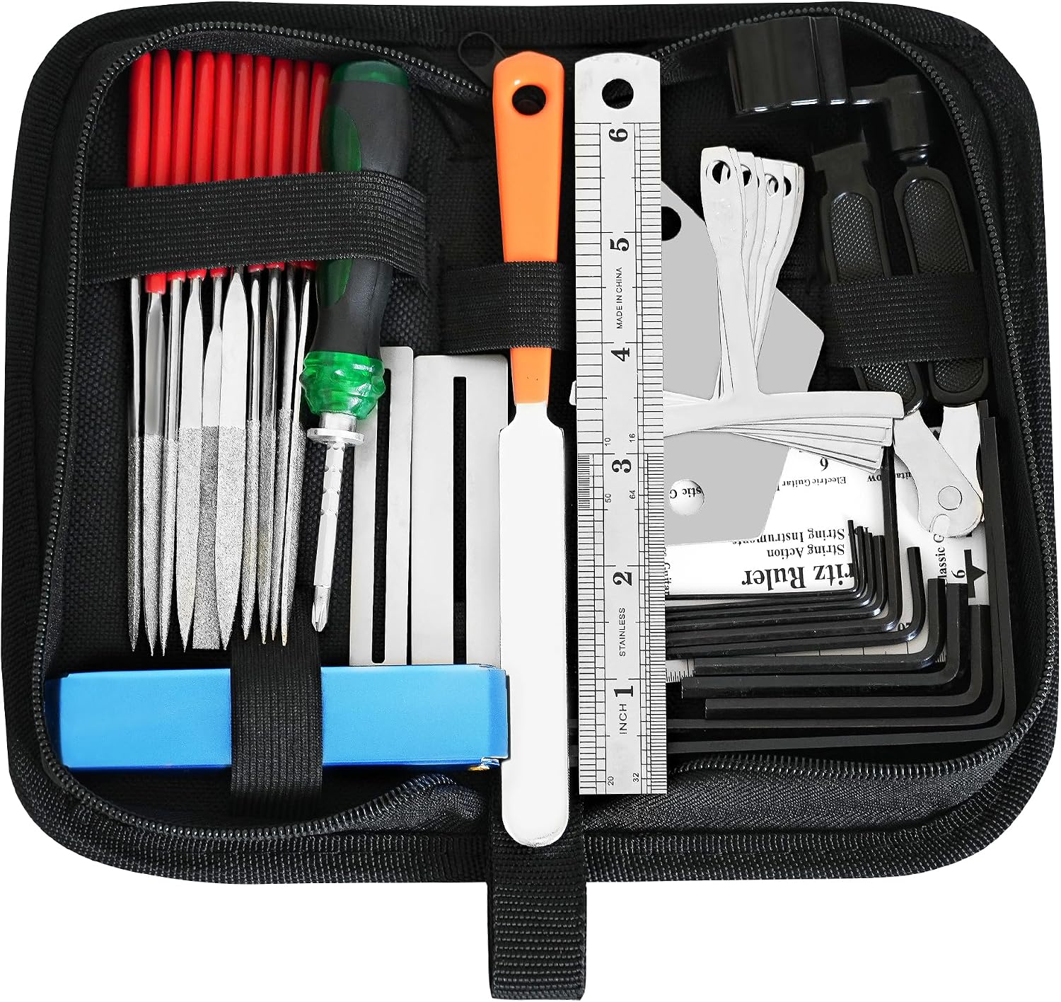 Guitar Setup Tool Kit with Carry Bag for Bass Ukulele Banjo | Guitar Repairing Maintenance Set Up Kit with Measuring Ruler Gauges Files Wrenches for Luthiers Beginners Music Enthusiasts