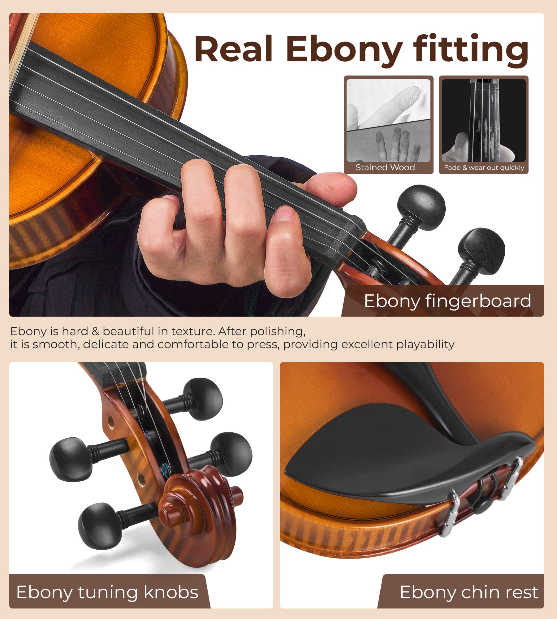 Vangoa Violin 4/4 Full Size Set, Varnish Fiddle Solid Wood for Professional Adults Senior Intermediate Beginners Student Starter Acoustic Violins Kit Outfit with Ebony Fitted, Hard Case, Right Handed