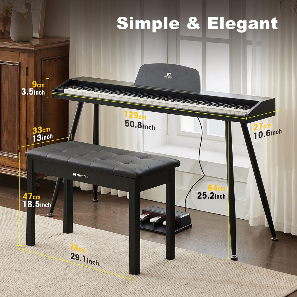 MUSTAR 88 Key Piano Keyboard with Piano Bench, Digital Piano 88 Semi Weighted Keys, Portable Electric Piano with Storage Stool, 3 Pedals, Built-In Speakers, USB/MIDI, Black