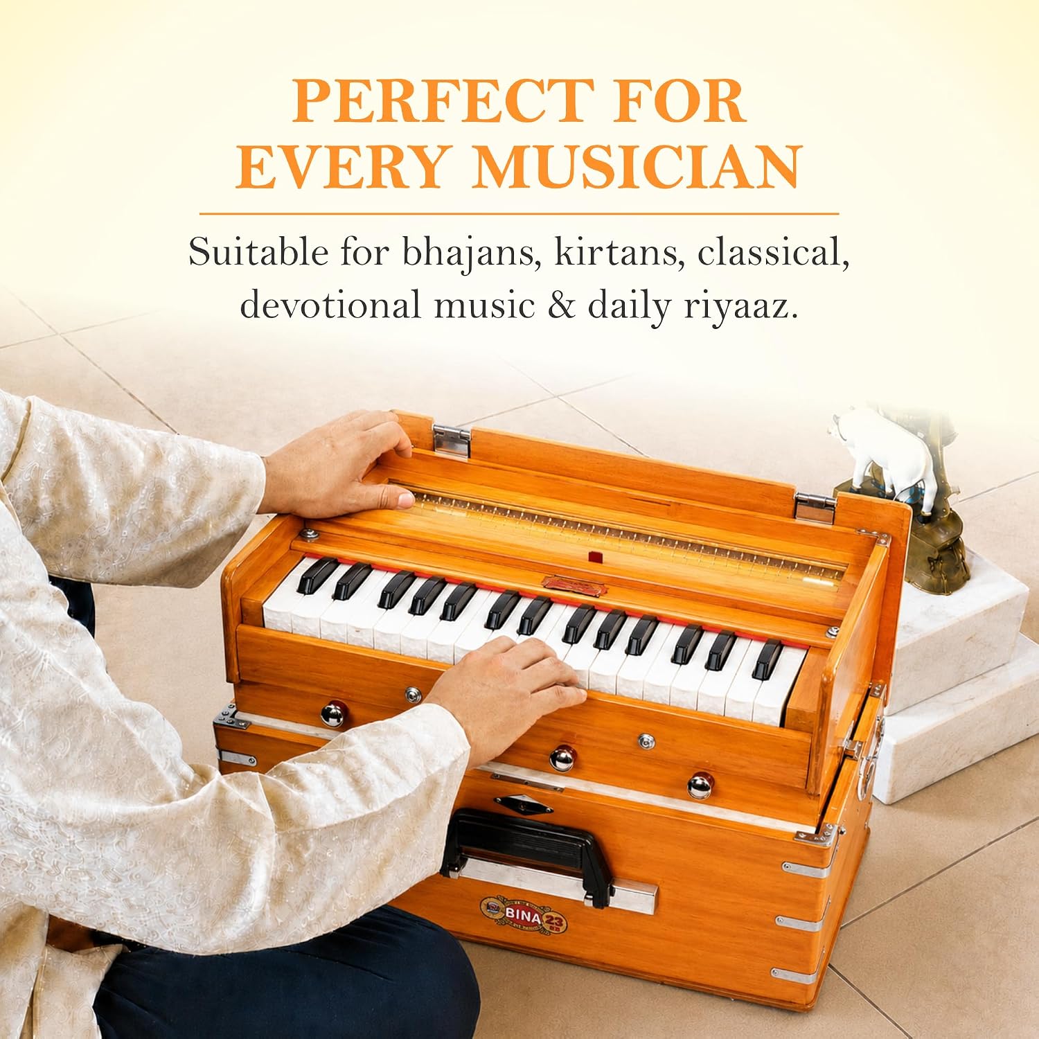 BINA 23B Deluxe, Harmonium, 2 1/2 Octaves, 32 Keys, Small, Portable, Compact, Special Reeds, Safri, Natural Color, Bag, Kirtan, Musical Instrument Indian (PDI- DAA)