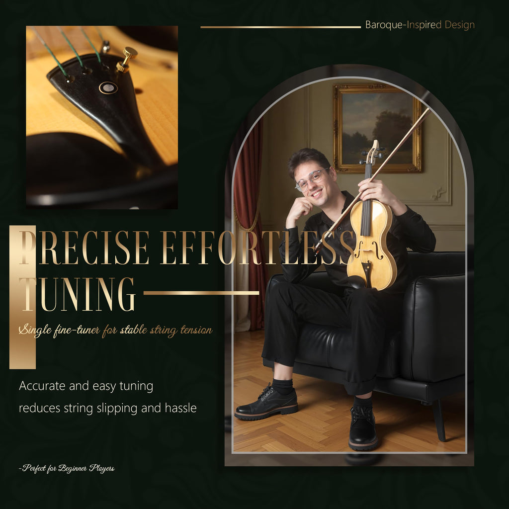 AKLOT Handcrafted Full Size Violin: Solid Wood Matte Fiddle, Acoustic Beginner 4/4 Violin Kit with Hard Case, Lesson Book, Bow, Shoulder Rest, Extra Strings, Tuner, Fretboard Stickers (VRT-AmiCS)