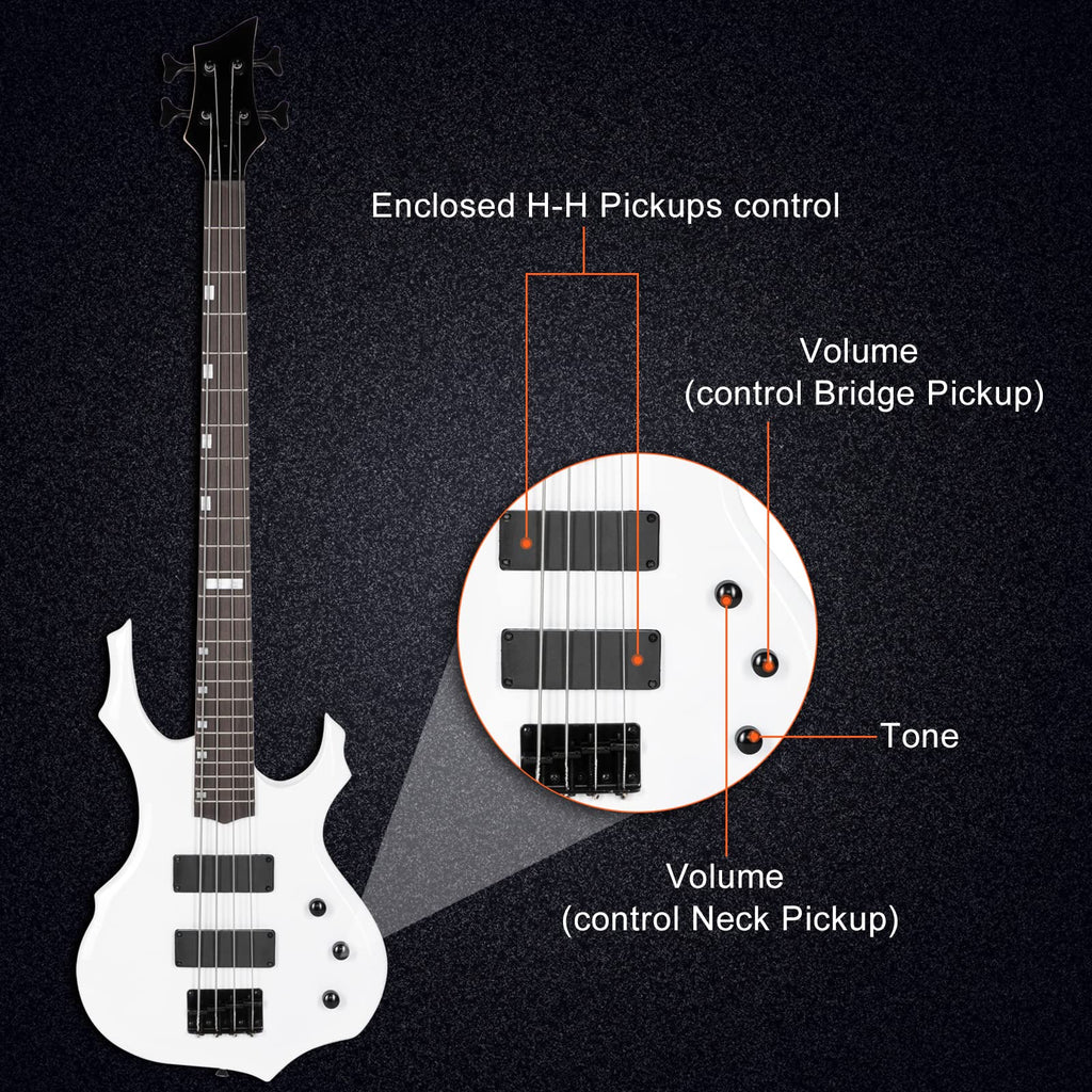 Ktaxon Electric Bass Guitar Full Size Flame Design Bass Set with 20 Watt Amplifier, Portable Bass Bag, Superior Amp Wire, Adjustable Guitar Strap, Plectrum, Wrench Tool(Matte Black)