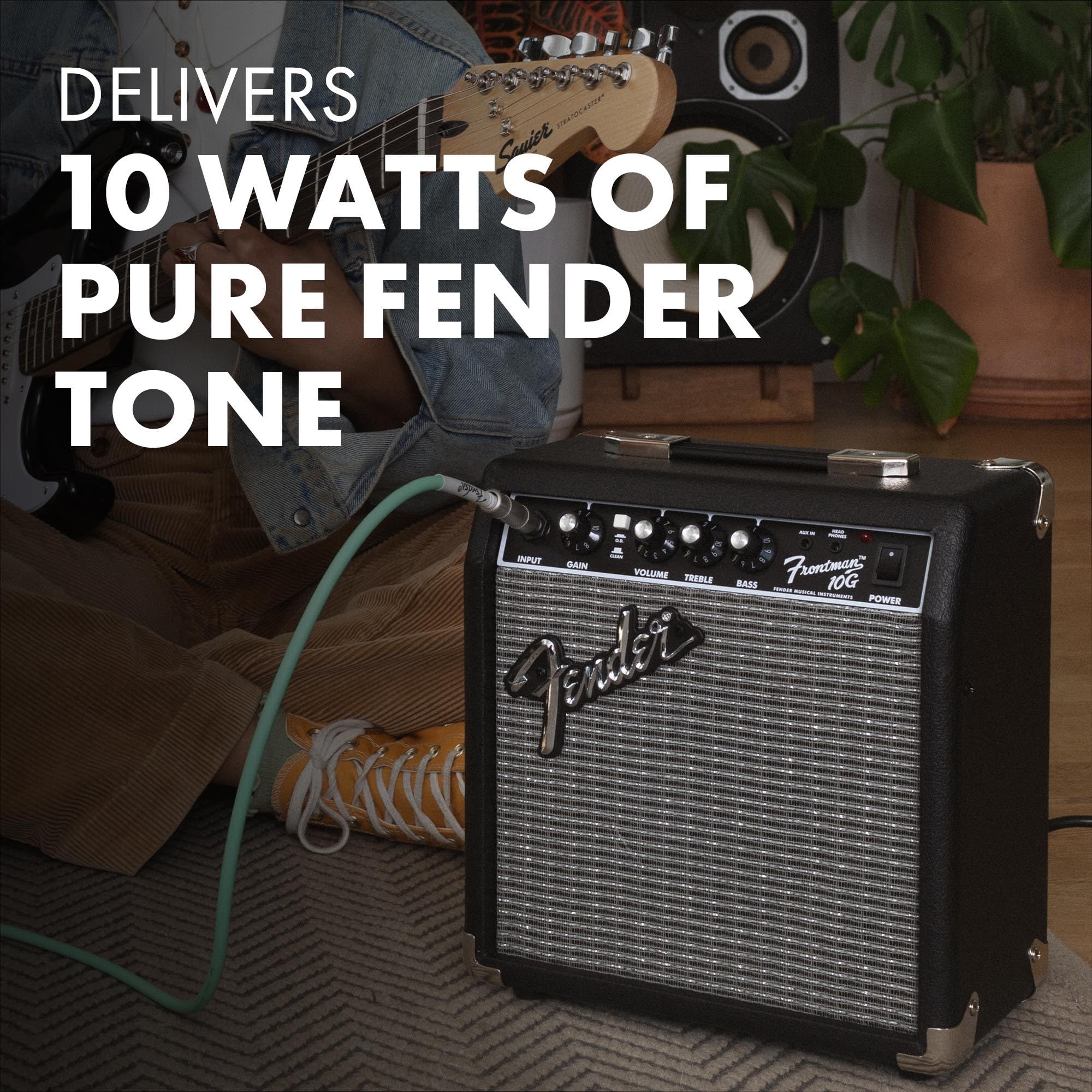 Fender Frontman 10G Electric Guitar Amplifier, 10-Watt Practice Amp with 6" Speaker, Built-in Overdrive, Headphone Jack & Aux Input, Black/Silver, with 2-Year Warranty