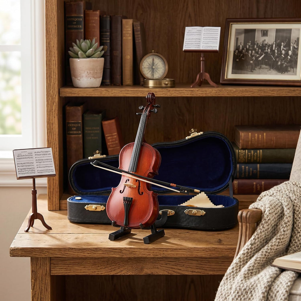 Miniature Cello, 5.5in Mini Cello Model with Stand Wooden Musical Instrument Model Hobby Collectibles Home Ornaments