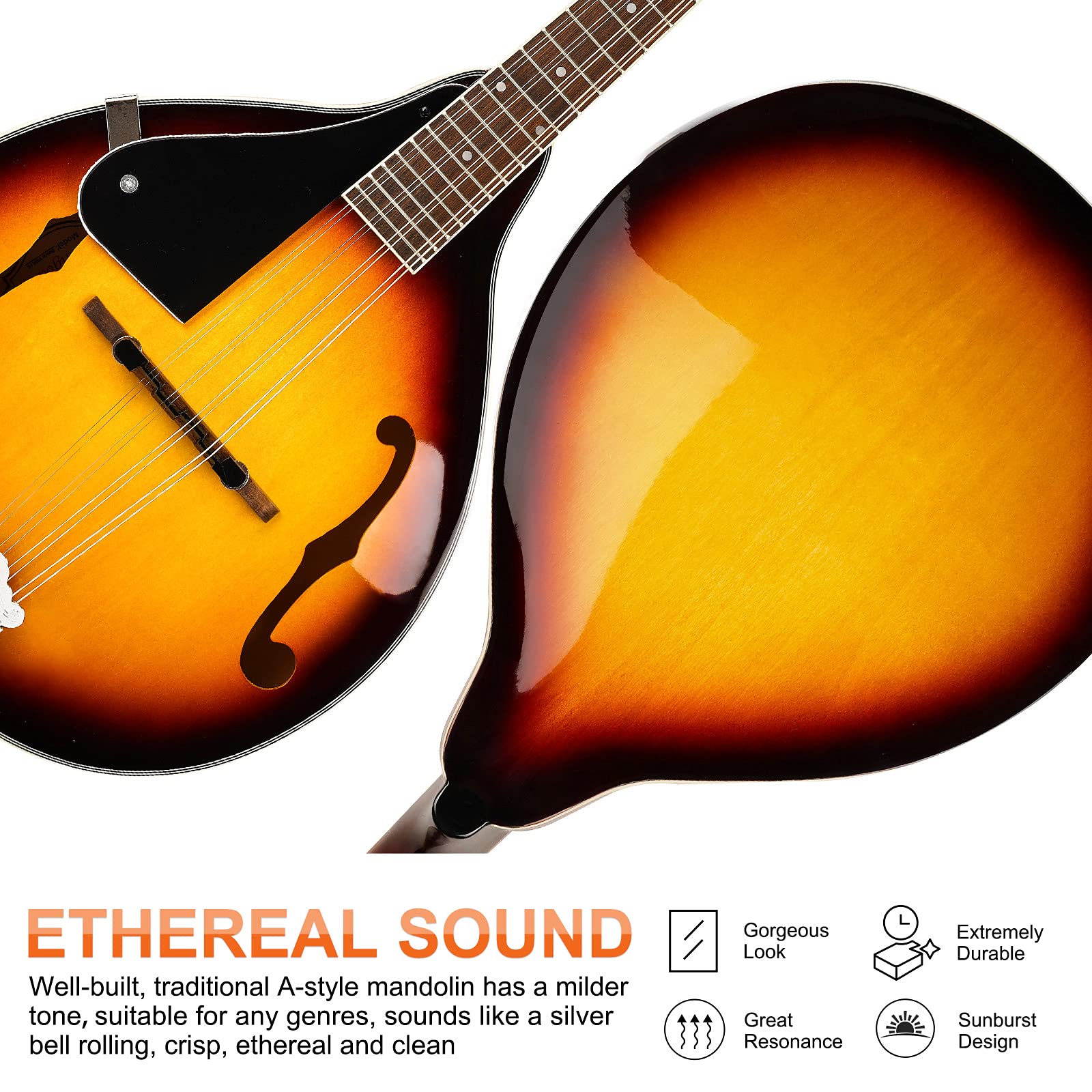 Vangoa Mandolin Musical Instrument A Style Acoustic Electric, 8 Strings Mahogany for Beginner Adults Teens, Red Burst