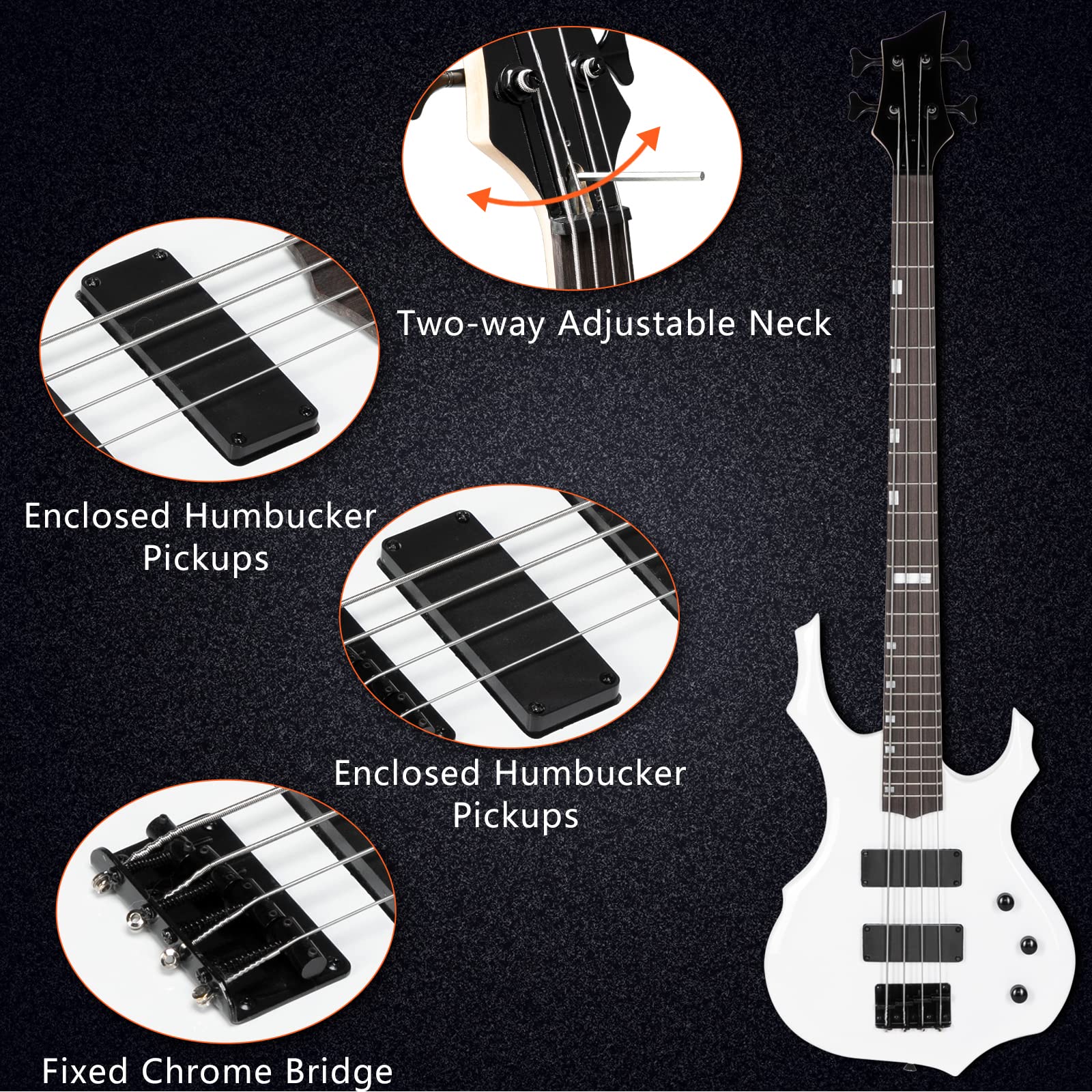 Ktaxon Electric Bass Guitar Full Size Flame Design Bass Set with 20 Watt Amplifier, Portable Bass Bag, Superior Amp Wire, Adjustable Guitar Strap, Plectrum, Wrench Tool(Matte Black)