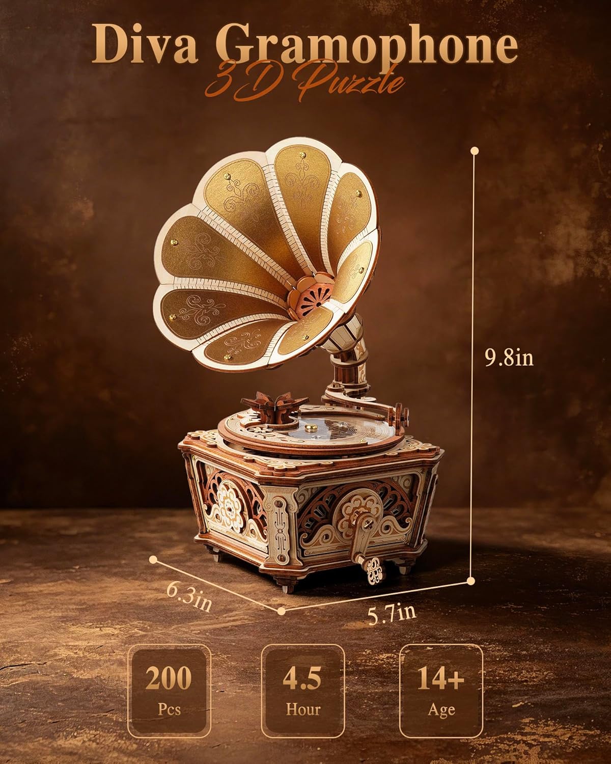 ROKR 3D Wooden Puzzles for Adults, Diva Phonograph Music Box Mechanical Model Kit to Build, Wooden Phonograph Puzzle Vintage Home Decor, DIY Crafts Gifts for Birthday