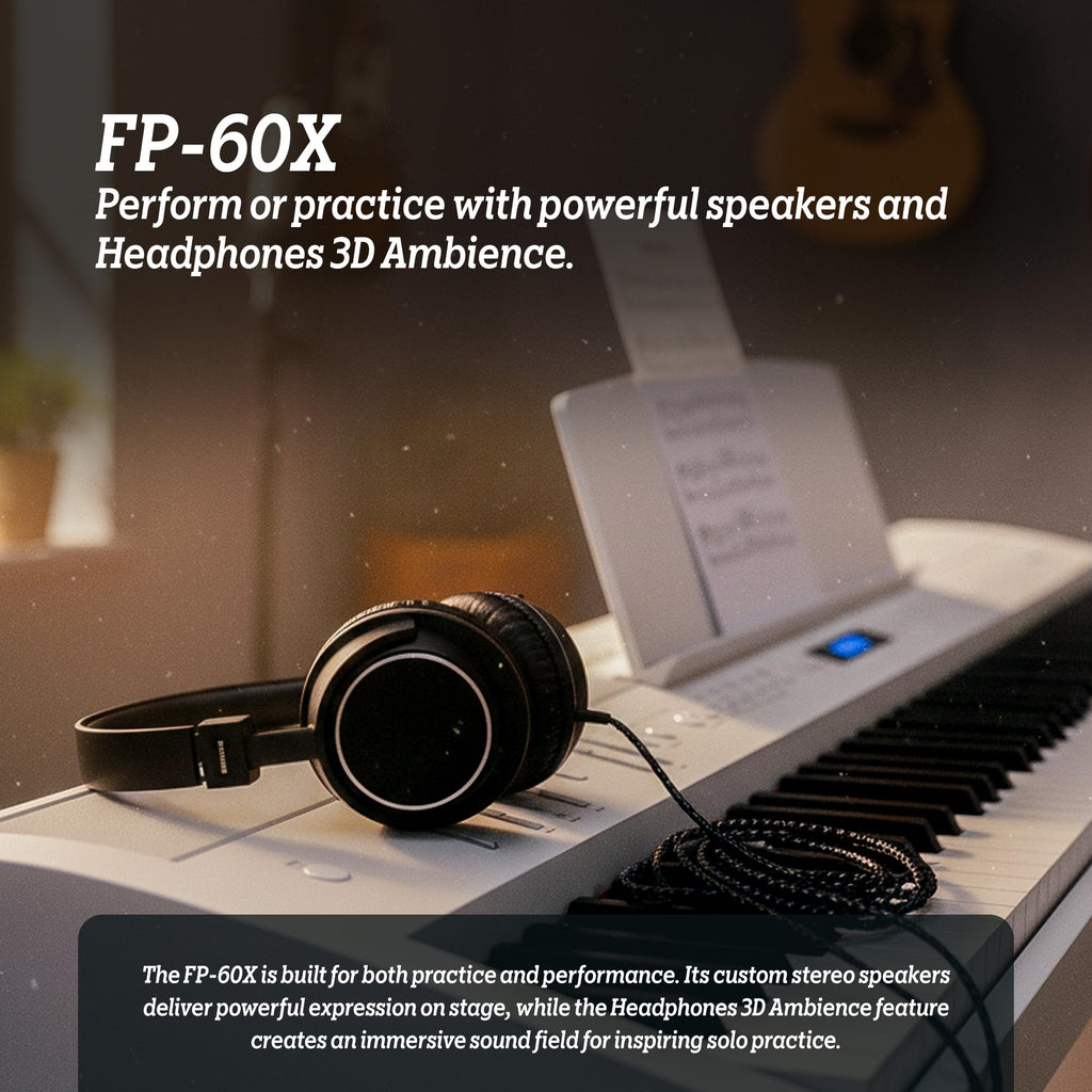 Roland FP-60X 88-Key Digital Piano - White Bundle with Adjustable Stand, Bench, Deluxe Sustain Pedal, Online Piano Lessons, Instructional DVD, and Austin Bazaar Polishing Cloth