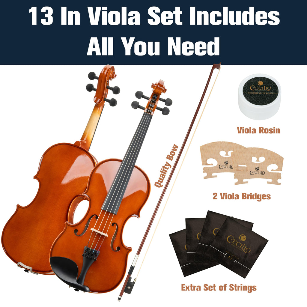 Mendini by Cecilio 14 Inch Solid Wood Viola Set for Beginners - Hand Carved Acoustic Viola Kit with Hard Case, Bow, Rosin, Bridge and Extra Strings