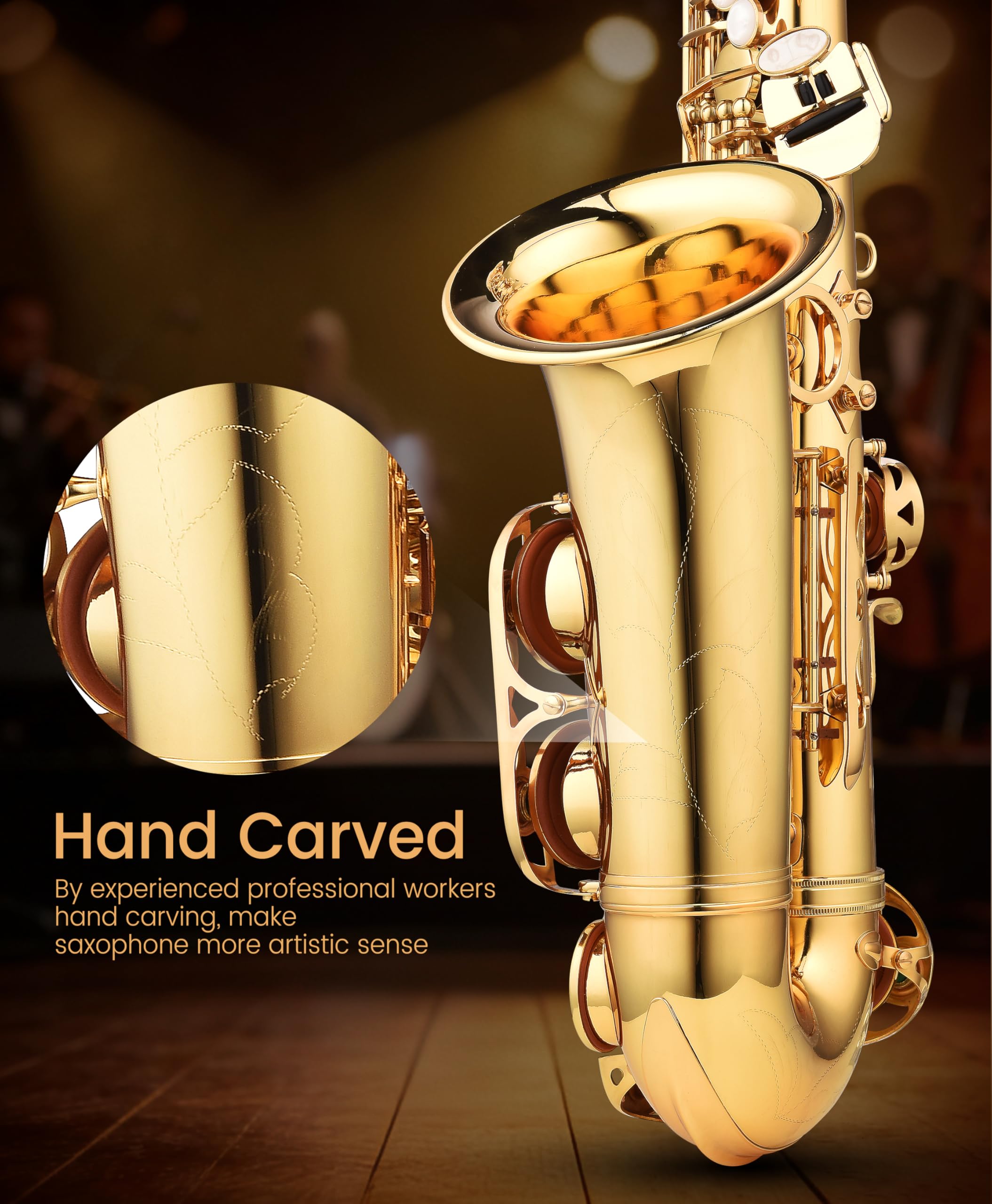 Leo Jaymz Eb Alto Saxophone - One-Piece Body & Neck Construction, H68 Brass, with Thickened Travel Bag - Complete Beginner to Professional Kit (Gold)