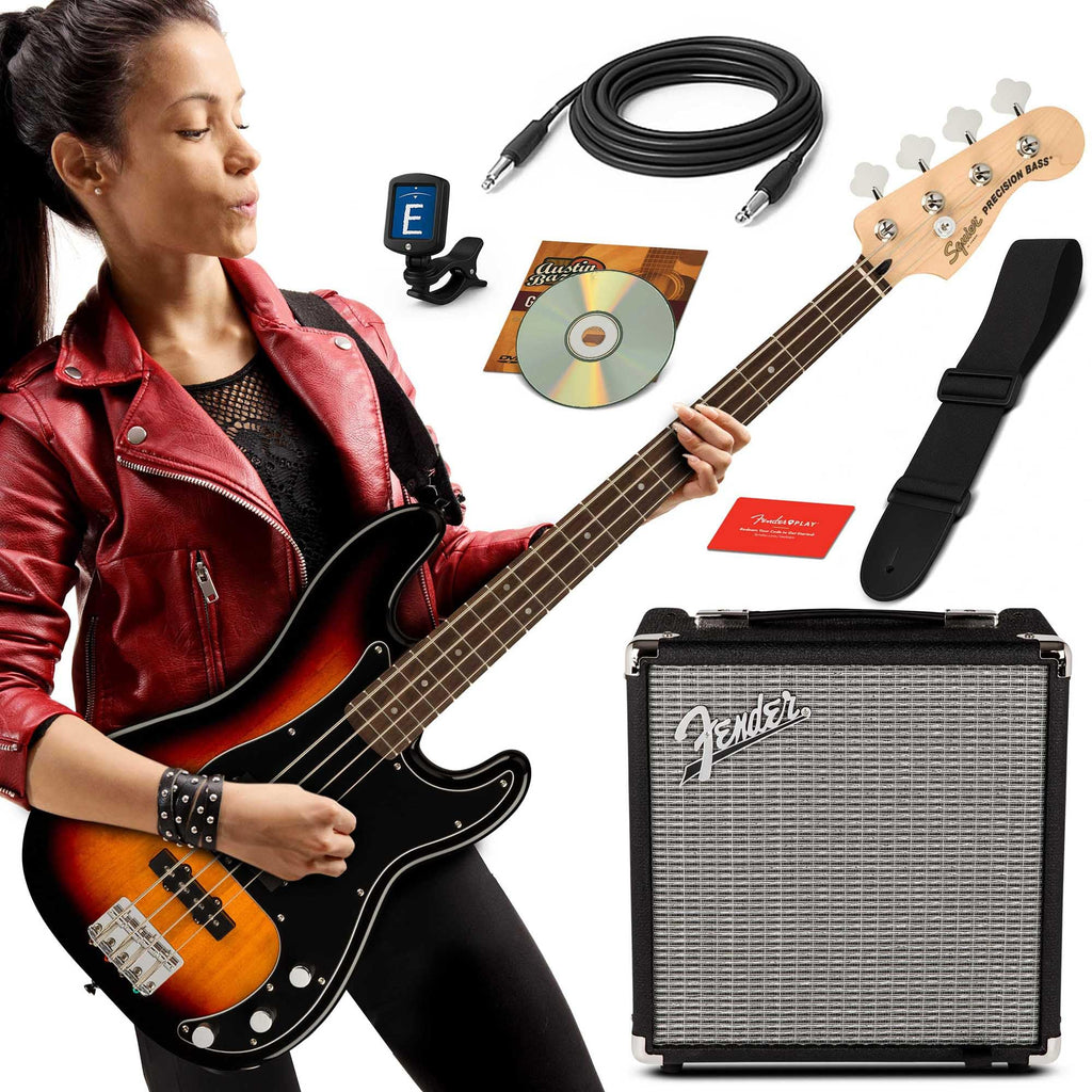 Fender Squier Affinity Precision Bass PJ - Surf Green Bundle with Rumble 15 Amplifier, Instrument Cable, Gig Bag, Tuner, Strap, and Austin Bazaar Instructional DVD