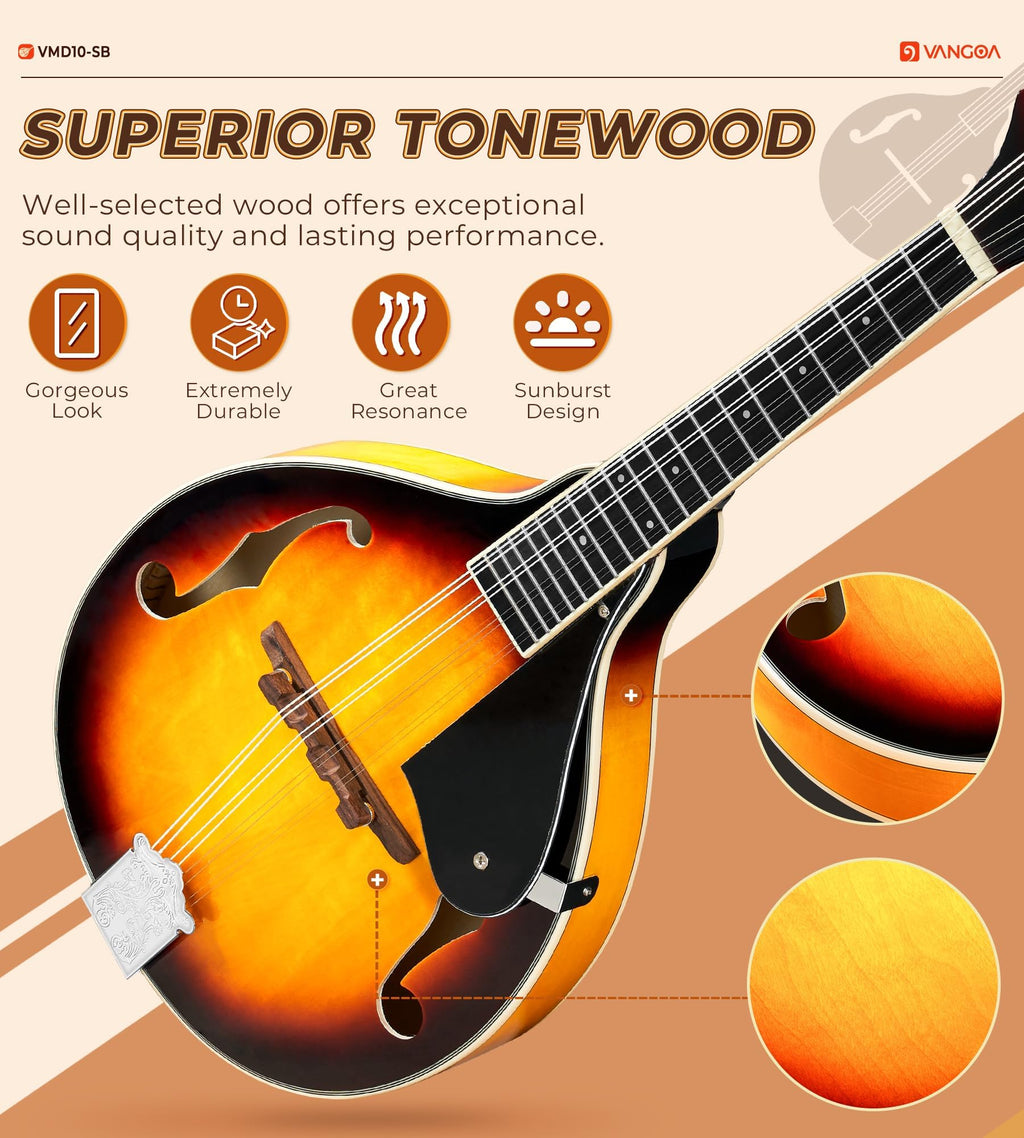 Vangoa Mandolin Musical Instrument A Style Acoustic Electric, 8 Strings Mahogany for Beginner Adults Teens, Red Burst