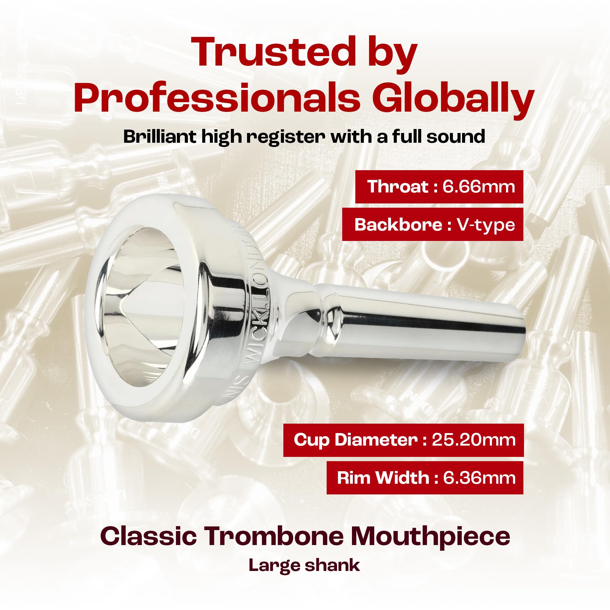 Denis Wick Classic Trombone Mouthpiece Silver Plated, 5880-4AL - Barrel Backbore for Balanced Tone & Smooth Response - Large Shank Fitting Trombone Accessory for Easy Articulation - 26 x 6.72 x 7.38mm