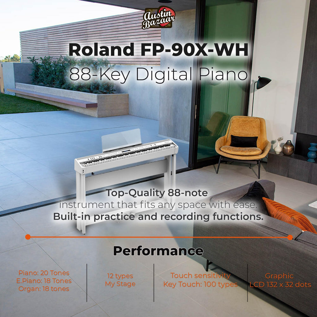 Roland FP-90X 88-Key Digital Piano - White Bundle with KSC-90 Stand, Three Pedal Unit, Bench, Online Lessons, Instructional DVD, and Austin Bazaar Polishing Cloth