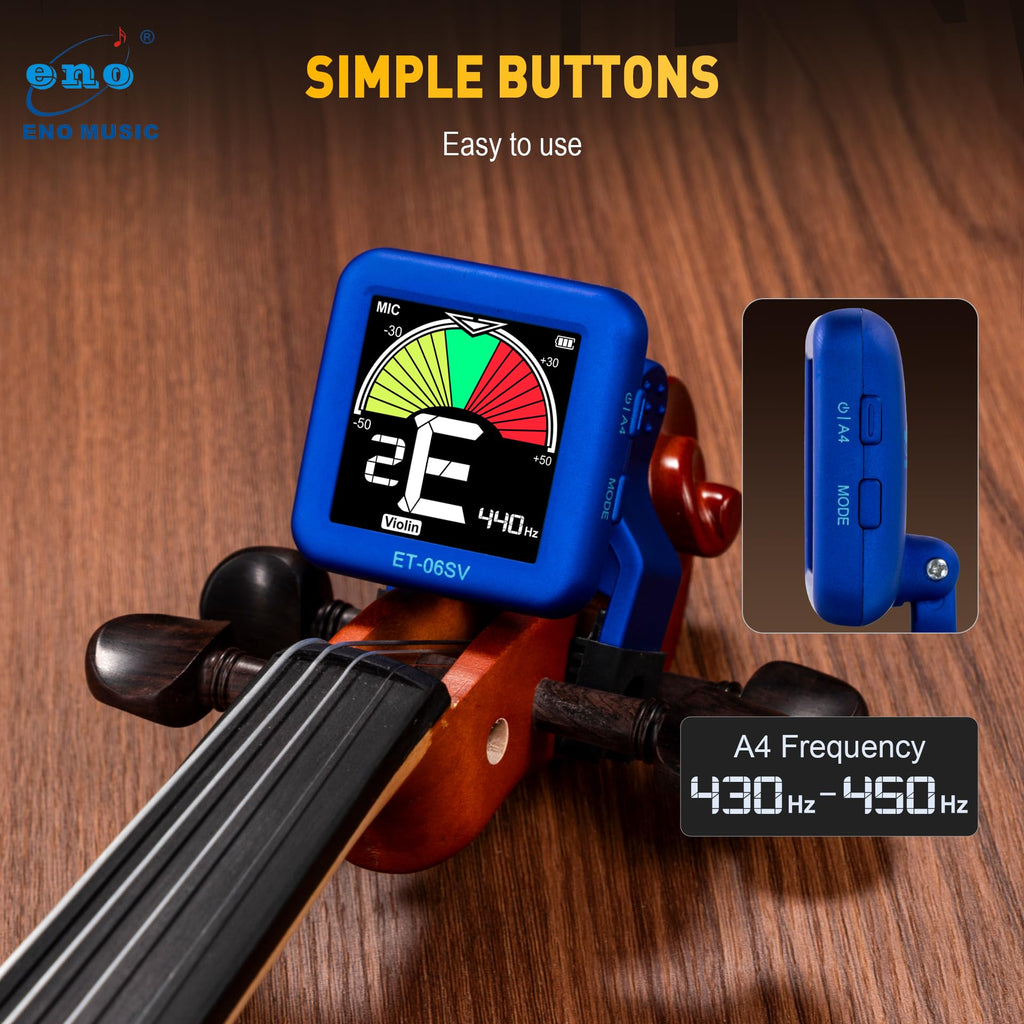 ENO MUSIC Rechargeable Type-C Quick Charge Easy Control Big LCD Display Easy Reading Clip-on Tuner for 4/4 Violin Viola Bass, Red