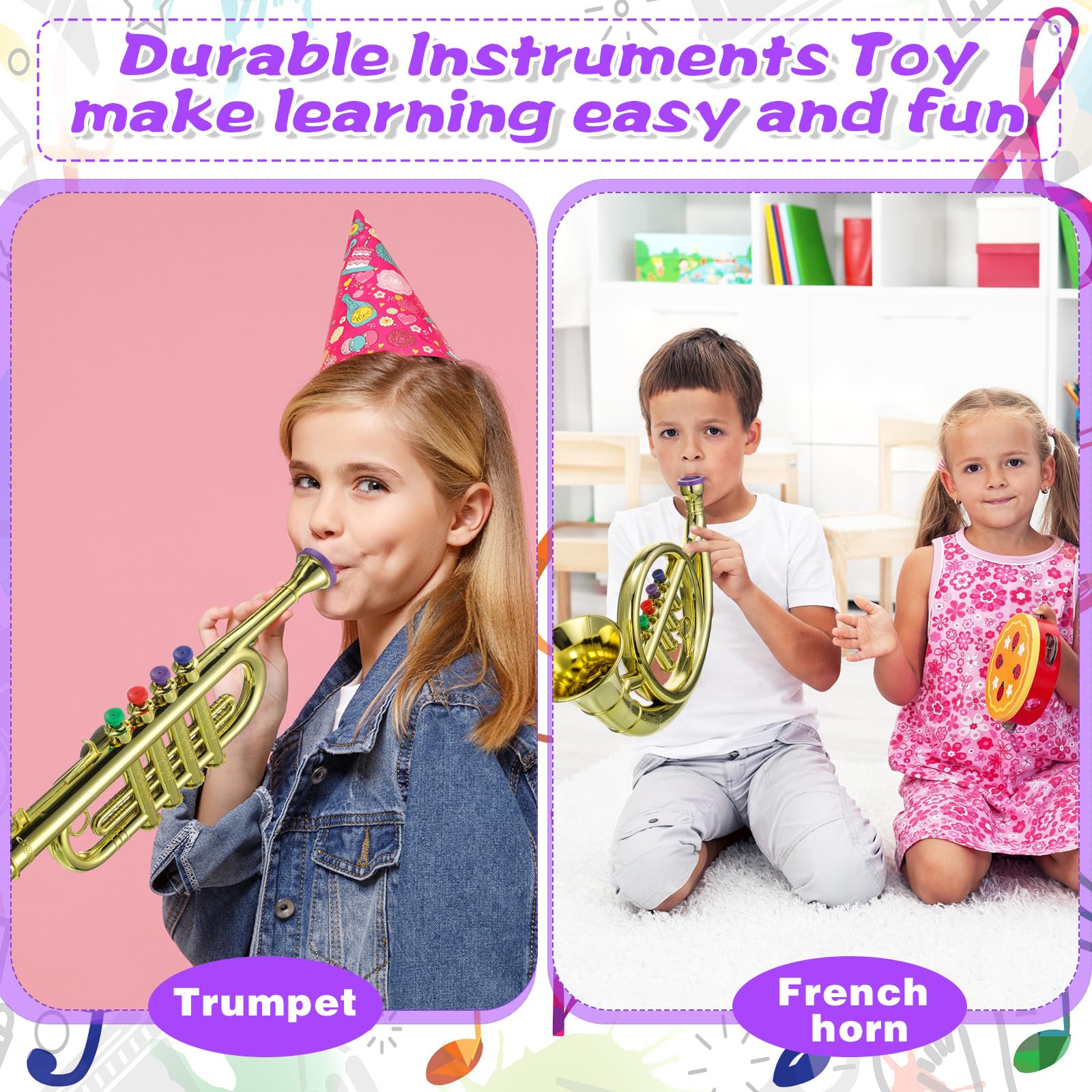Treela Set of 4 Musical Instruments for Kids, Toy Clarinet Saxophone Trumpet and Horn Set for Beginners with Over 10 Color Coded Keys, Christmas Educational Musical Gifts for Children Toddlers(Gold)
