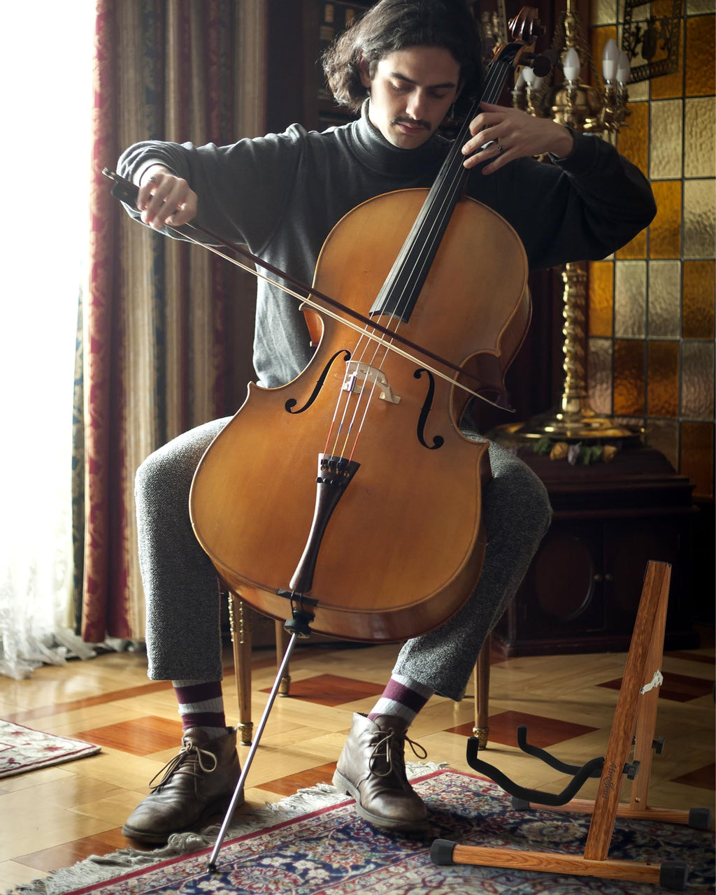 Cello Stand with Bow Holder, Mahogany Wooden A-Shape Floor Stand with Padded Foam, Handcrafted Cello Rack Fits 1/2, 3/4, 7/8, 4/4 Full-Size and Guitar, Instrument Holder for Home and Studio Display