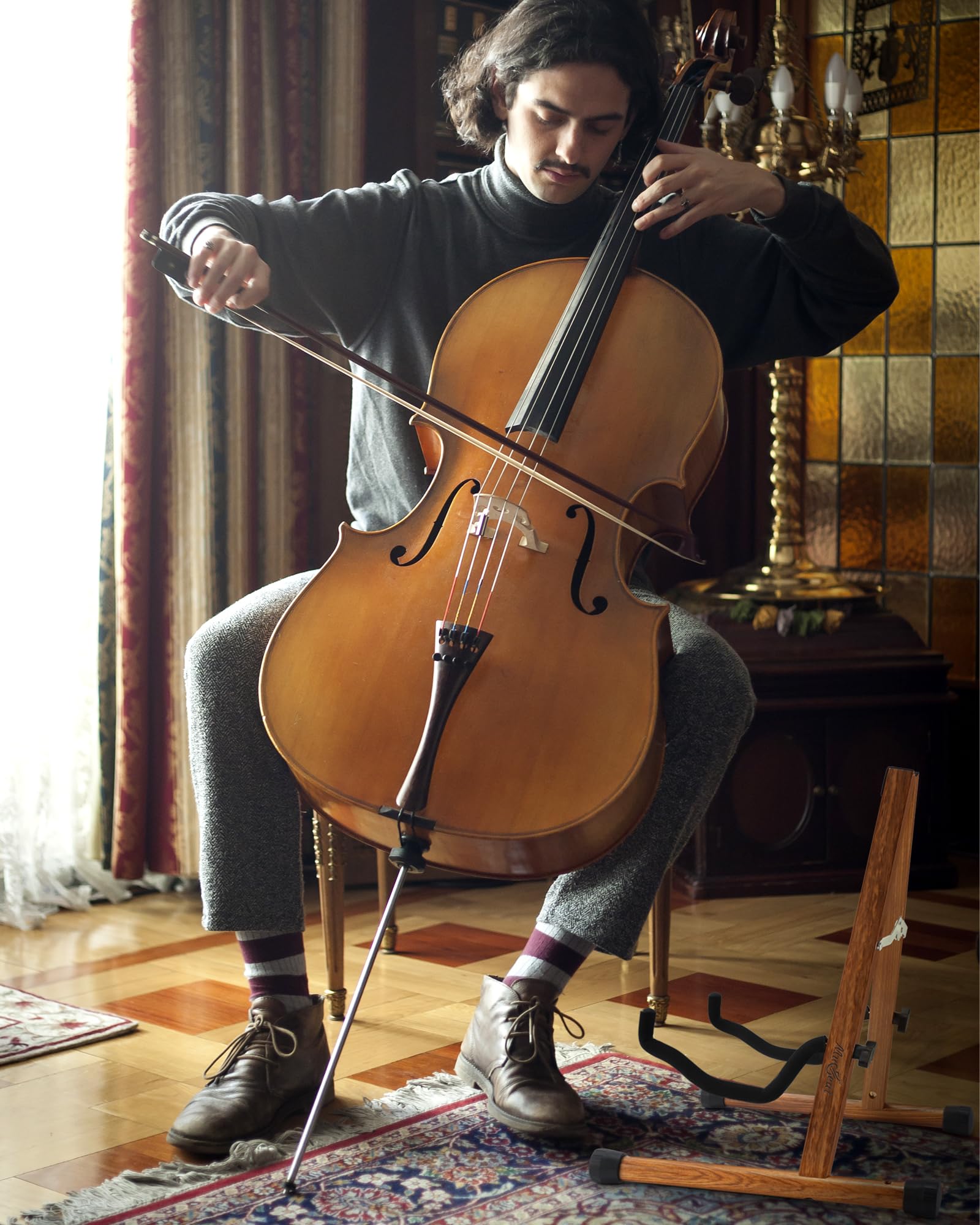 Cello Stand with Bow Holder, Mahogany Wooden A-Shape Floor Stand with Padded Foam, Handcrafted Cello Rack Fits 1/2, 3/4, 7/8, 4/4 Full-Size and Guitar, Instrument Holder for Home and Studio Display