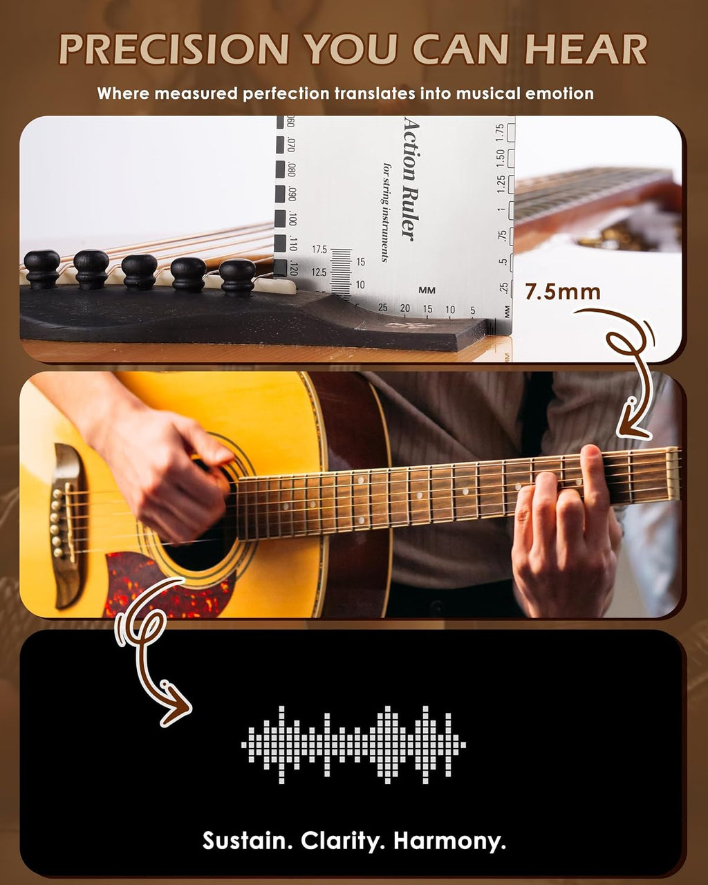 Guitar String Action Gauge Ruler, Professional Setup Tool with Dual mm & 1/64" Scales - for Electric, Acoustic, Bass Guitars - Includes Measurement Chart & Protective Sleeve - Silver
