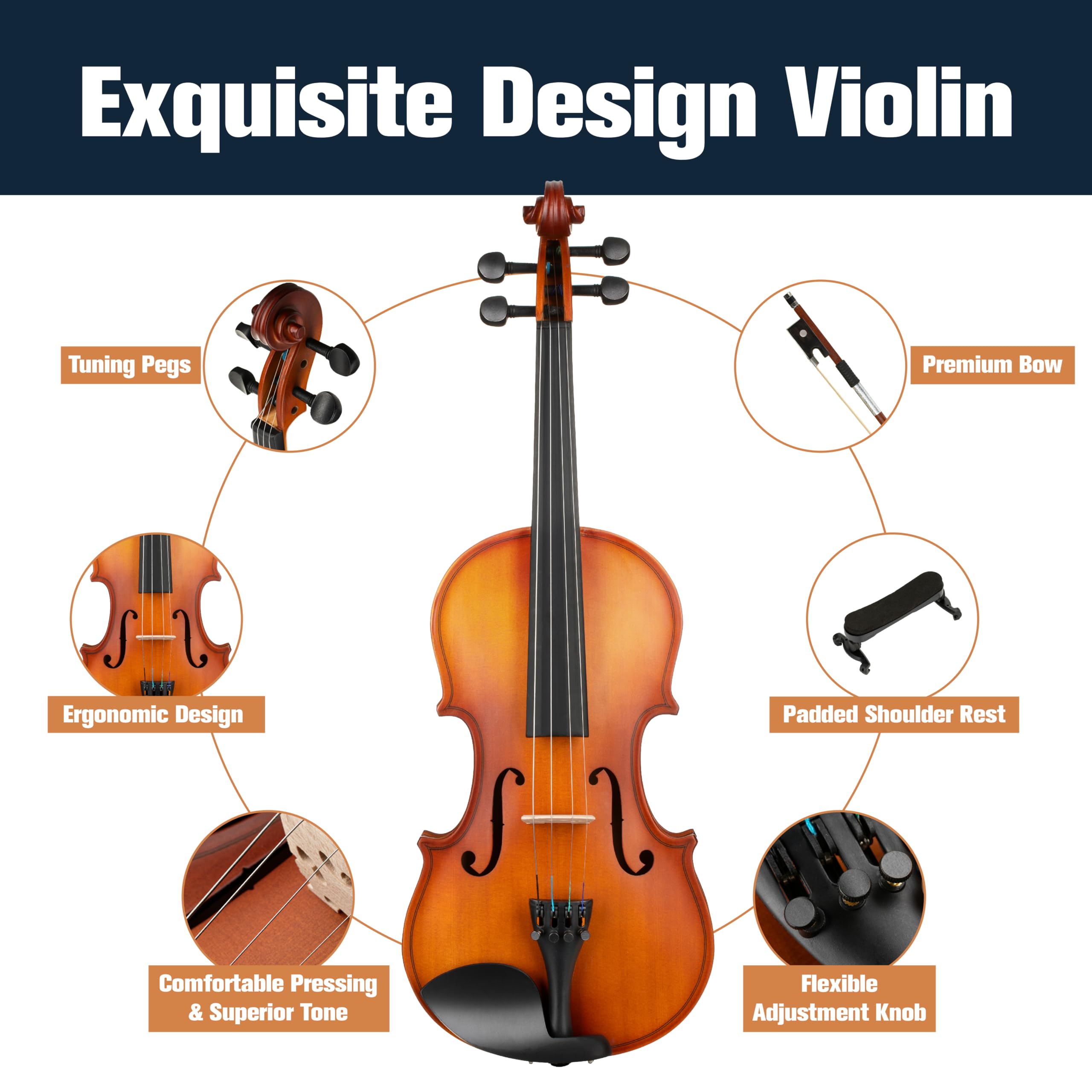 Mendini by Cecilio Violin 4/4 Full Size Kit For Beginners - Hand Carved Acoustic Violins Set - Fiddle Solid Wood Kit with Hard Case, Bow, Rosin, Shoulder Rest, Bridge and Extra Strings (Black)