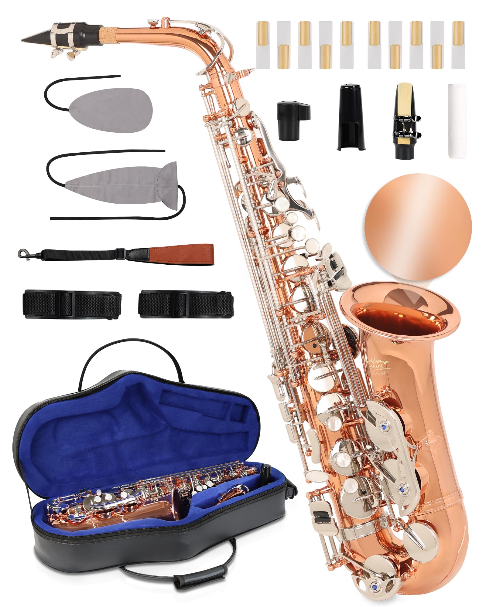 AKLOT Handcrafted E-Flat Alto Saxophone: Matte Silver Brass Body with Warm, Rich Tone, Secure Air Seal, Smooth 23-Key System, Includes Reeds, Premium Leather Case and Saxophone Cleaning Kit (CH-FM)