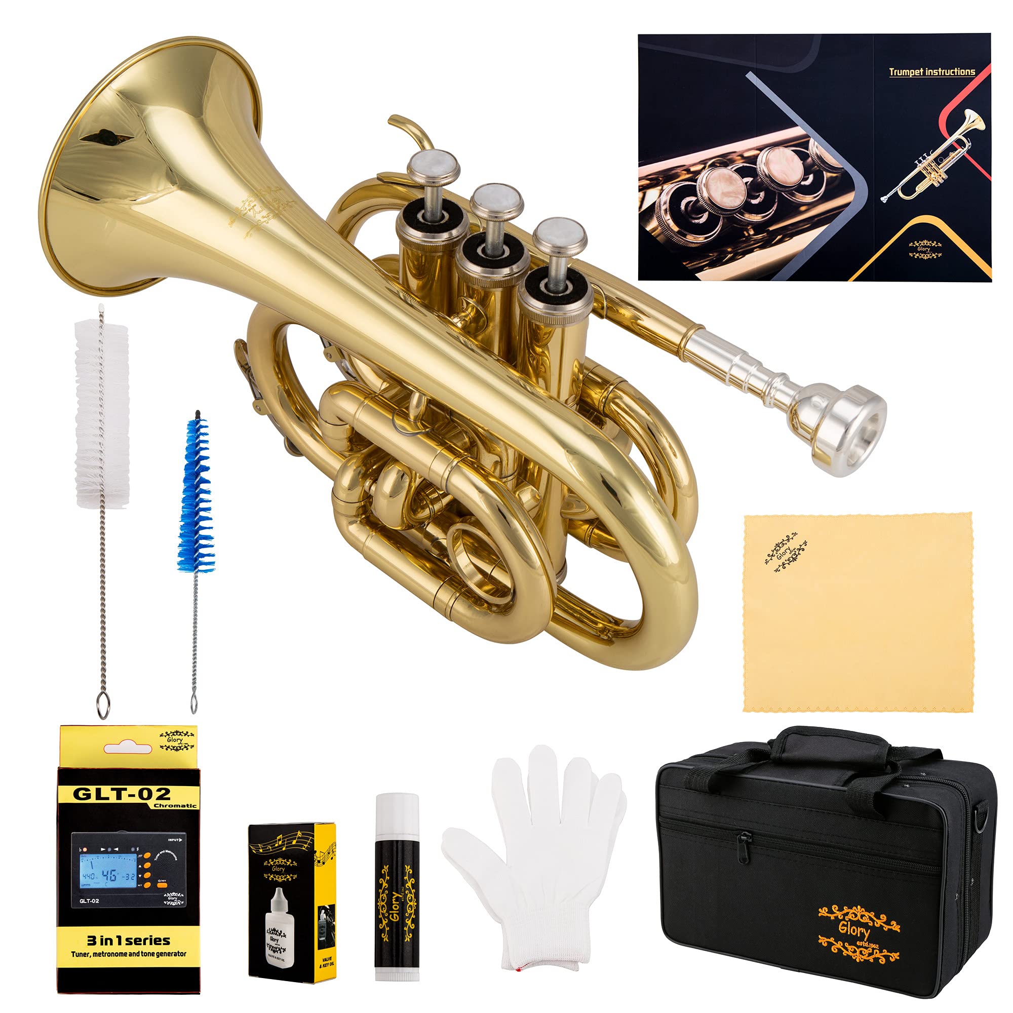 Glory Bb Pocket Trumpet with Case,Cleaning Cloth, Gloves, Black