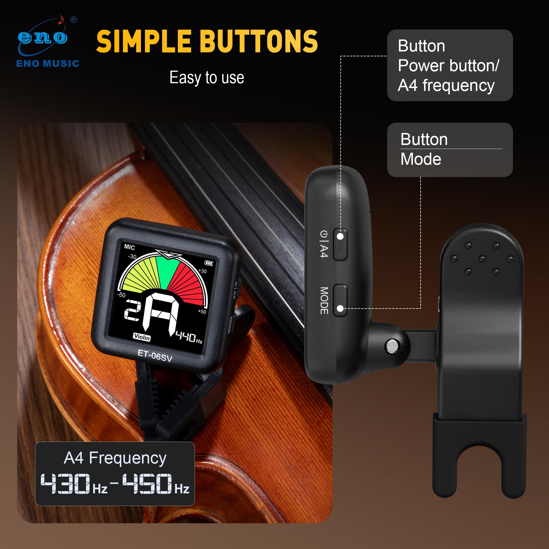 ENO MUSIC Rechargeable Type-C Quick Charge Easy Control Big LCD Display Easy Reading Clip-on Tuner for 4/4 Violin Viola Bass, Red
