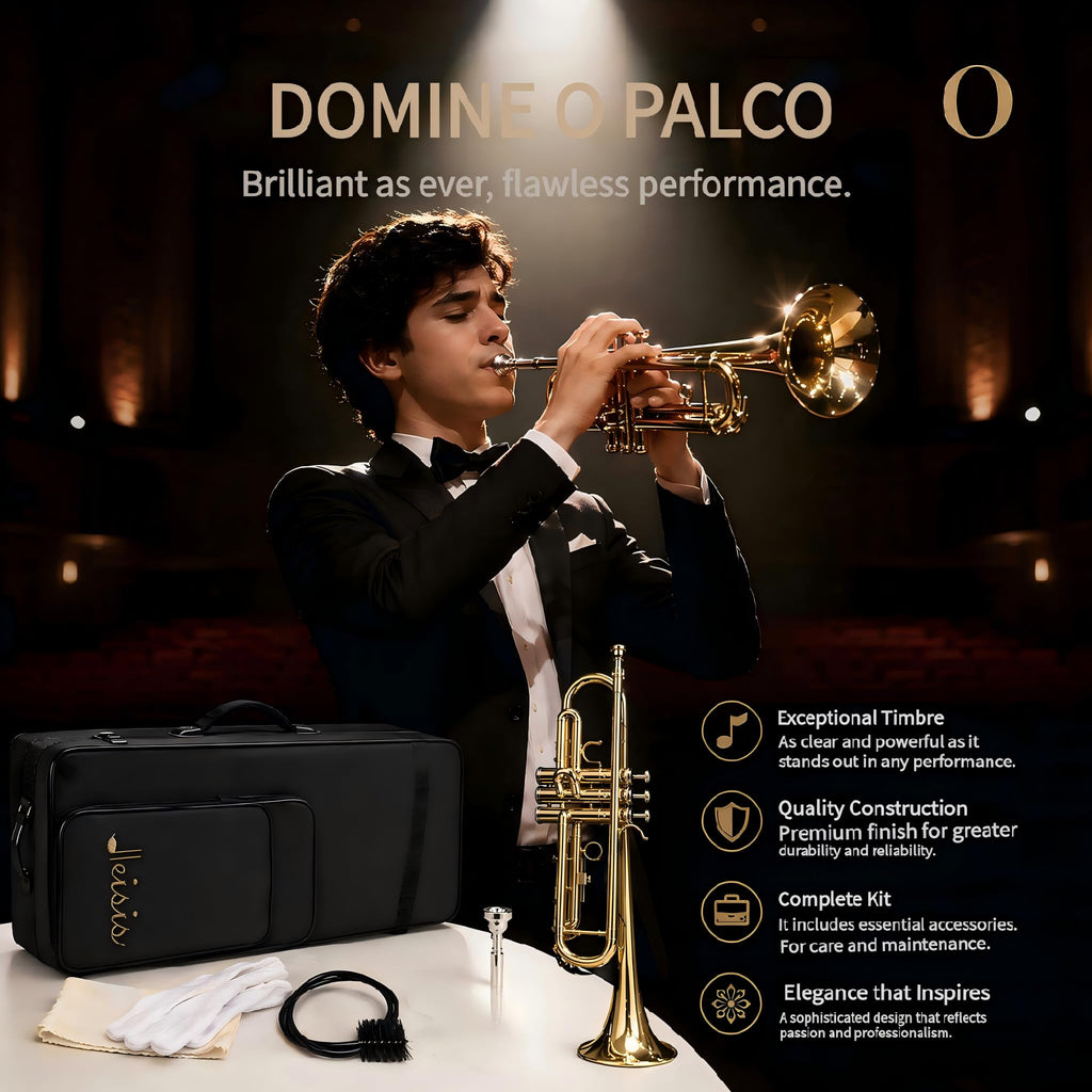 Bb Trumpet for Beginner/Advanced Student, Brass Instrument with 7C Mouthpiece, Hard Case, Polishing Cloth, Gloves, Cleaning Kit (2 Short + 1 Long Brush), Golden for Kids & Adults