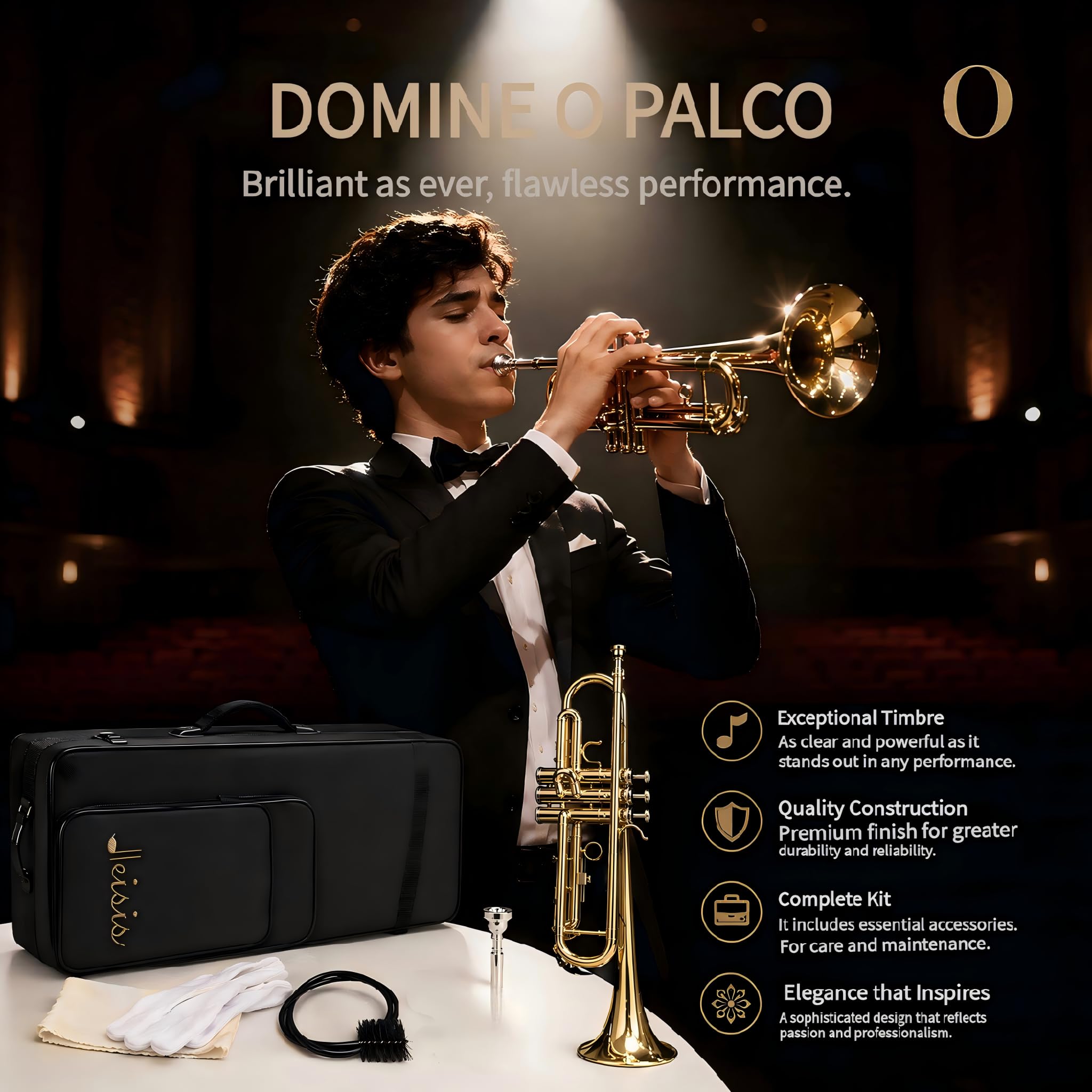 Bb Trumpet for Beginner/Advanced Student, Brass Instrument with 7C Mouthpiece, Hard Case, Polishing Cloth, Gloves, Cleaning Kit (2 Short + 1 Long Brush), Golden for Kids & Adults