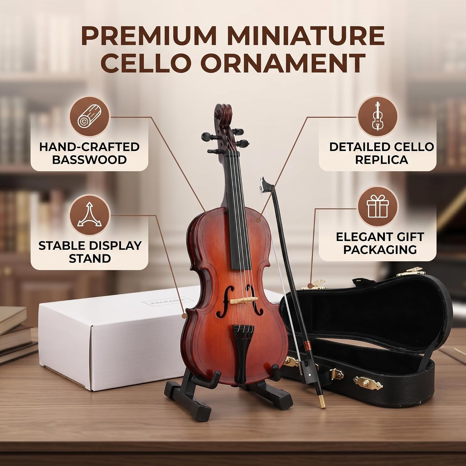 Miniature Cello, 5.5in Mini Cello Model with Stand Wooden Musical Instrument Model Hobby Collectibles Home Ornaments
