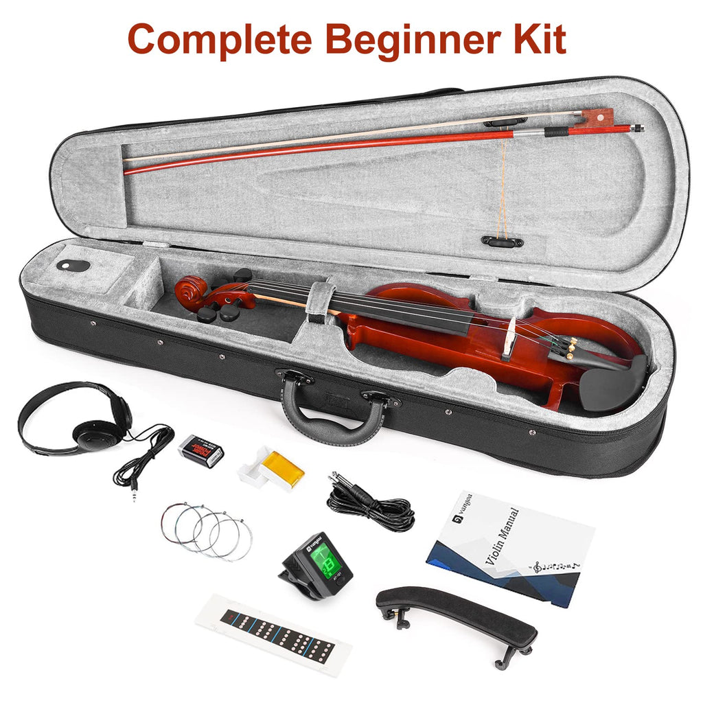 Vangoa Electric Violin Full Size 4/4, Black Silent Electric Violin, Solid Wood Metallic Electric Fiddle with Ebony Fittings, Beginner Kit for Adults Teens